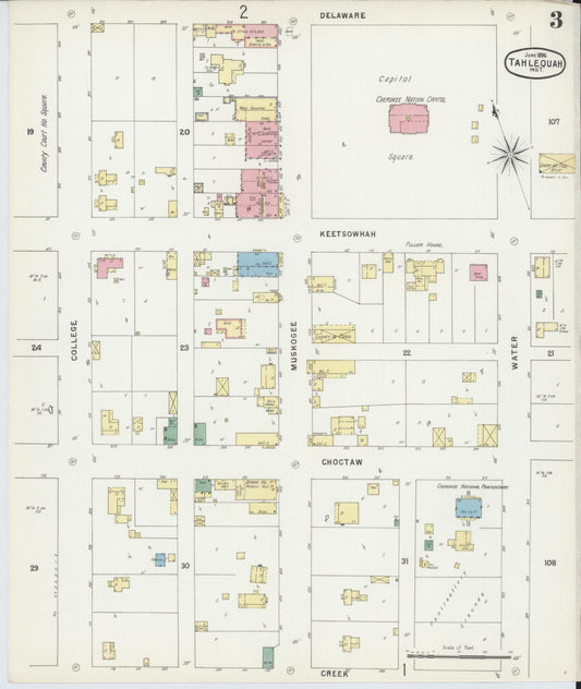 Sanborn Fire Insurance Map from Tahlequah, Cherokee County, Oklahoma (1896), Sheet #0003 - Historic Sanborn Fire Insurance Map Print, vintage old map wall art, antique decor, genealogy gift, Oklahoma Oklahoma map
