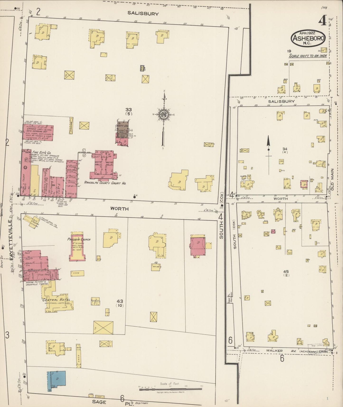 Sanborn Fire Insurance Map from Asheboro, Randolph County, North Carolina (1922), Sheet #0004 - Complete Map Set gallery image, historic Sanborn map, vintage wall art, North Carolina North Carolina