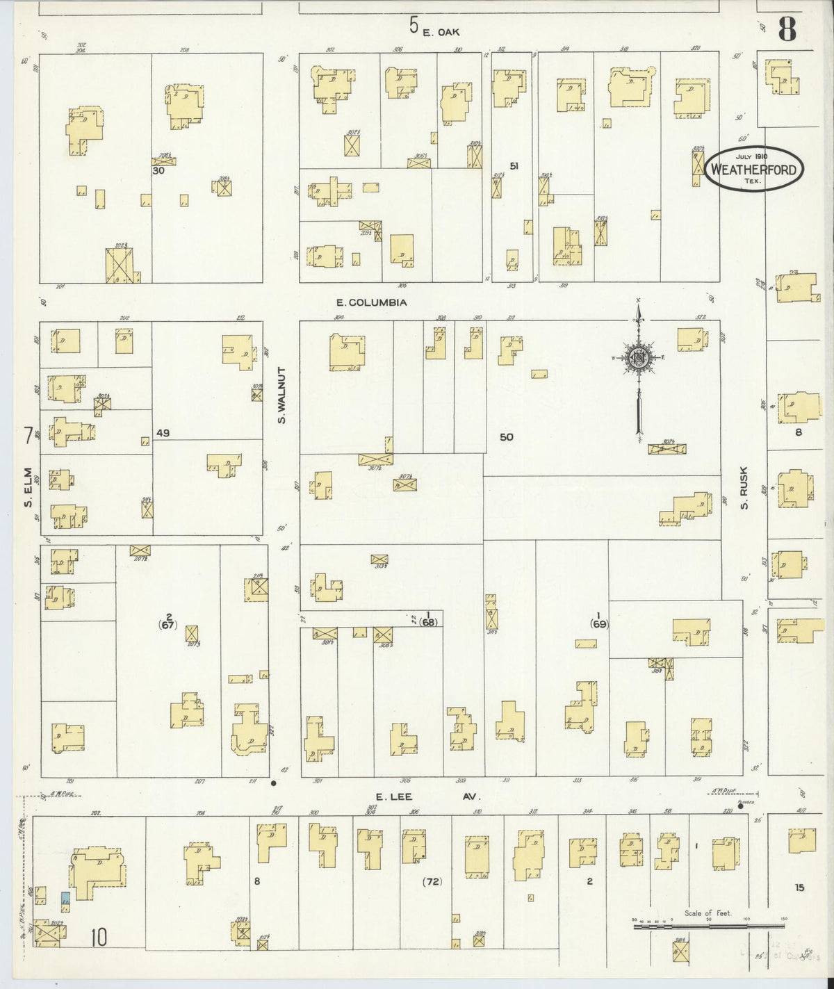 Sanborn Fire Insurance Map from Weatherford, Parker County, Texas (1910), Sheet #0008 - Complete Map Set gallery image, historic Sanborn map, vintage wall art, Texas Texas