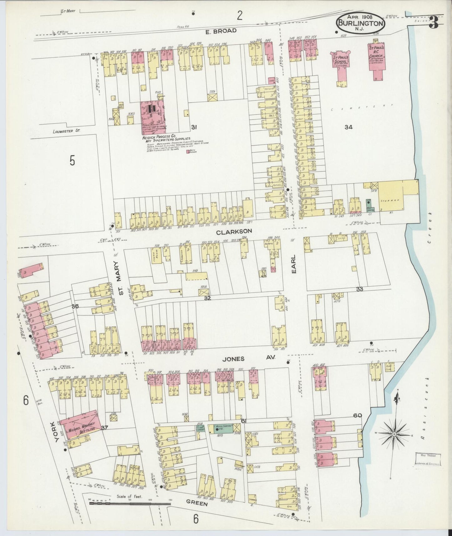 Sanborn Fire Insurance Map from Burlington, Burlington County, New Jersey (1908), Sheet #0002 - Complete Map Set gallery image, historic Sanborn map, vintage wall art, New Jersey New Jersey