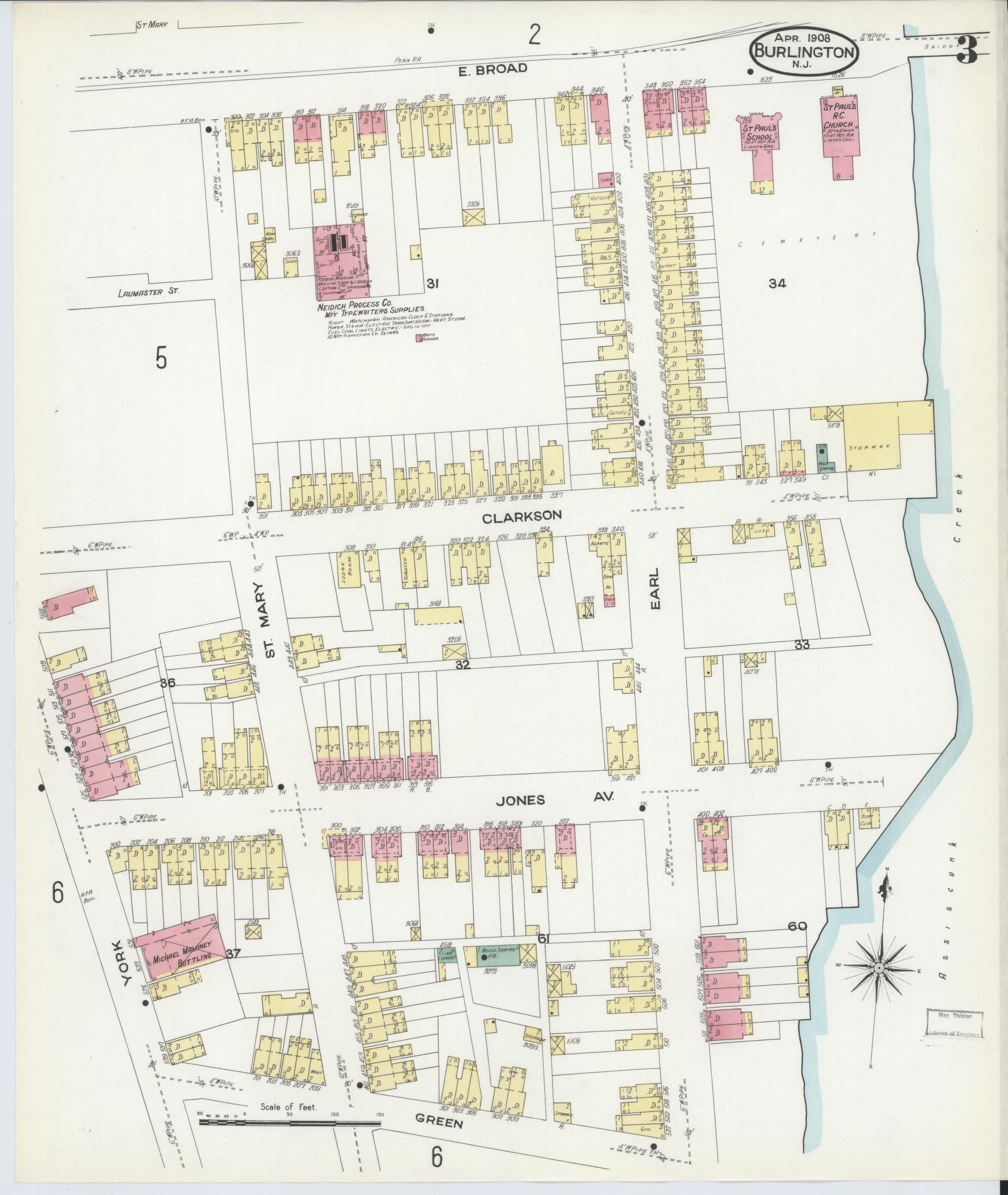 Sanborn Fire Insurance Map from Burlington, Burlington County, New Jersey (1908), Sheet #0002 - Complete Map Set gallery image, historic Sanborn map, vintage wall art, New Jersey New Jersey