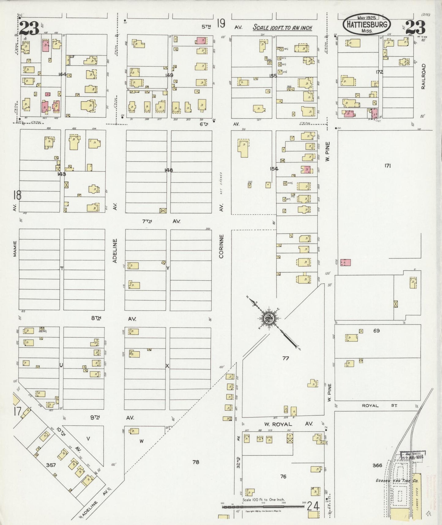 Sanborn Fire Insurance Map from Hattiesburg, Forrest County, Mississippi (1925), Sheet #0023 - Historic Sanborn Fire Insurance Map Print, vintage old map wall art, antique decor, genealogy gift, Mississippi Mississippi map