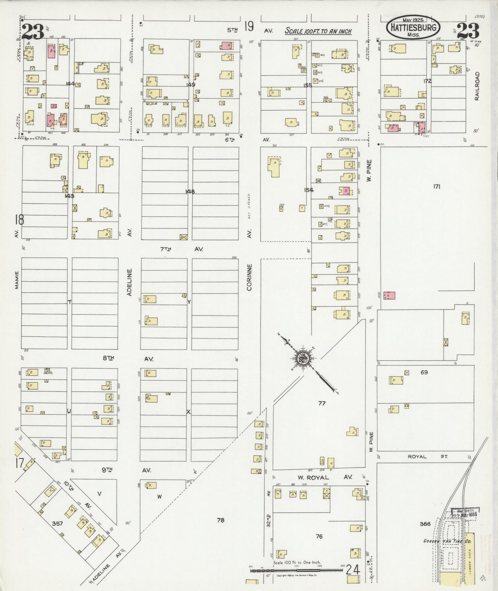 Sanborn Fire Insurance Map from Hattiesburg, Forrest County, Mississippi (1925), Sheet #0023 - Historic Sanborn Fire Insurance Map Print, vintage old map wall art, antique decor, genealogy gift, Mississippi Mississippi map