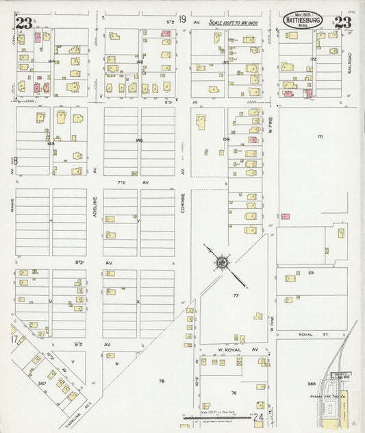 Sanborn Fire Insurance Map from Hattiesburg, Forrest County, Mississippi (1925), Sheet #0023 - Historic Sanborn Fire Insurance Map Print, vintage old map wall art, antique decor, genealogy gift, Mississippi Mississippi map