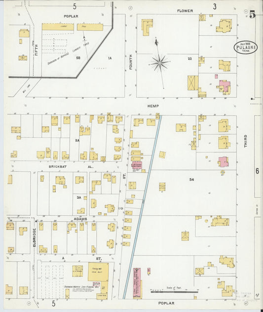 Sanborn Fire Insurance Map from Pulaski, Giles County, Tennessee (1905), Sheet #0005 - Historic Sanborn Fire Insurance Map Print, vintage old map wall art, antique decor, genealogy gift, Tennessee Tennessee map