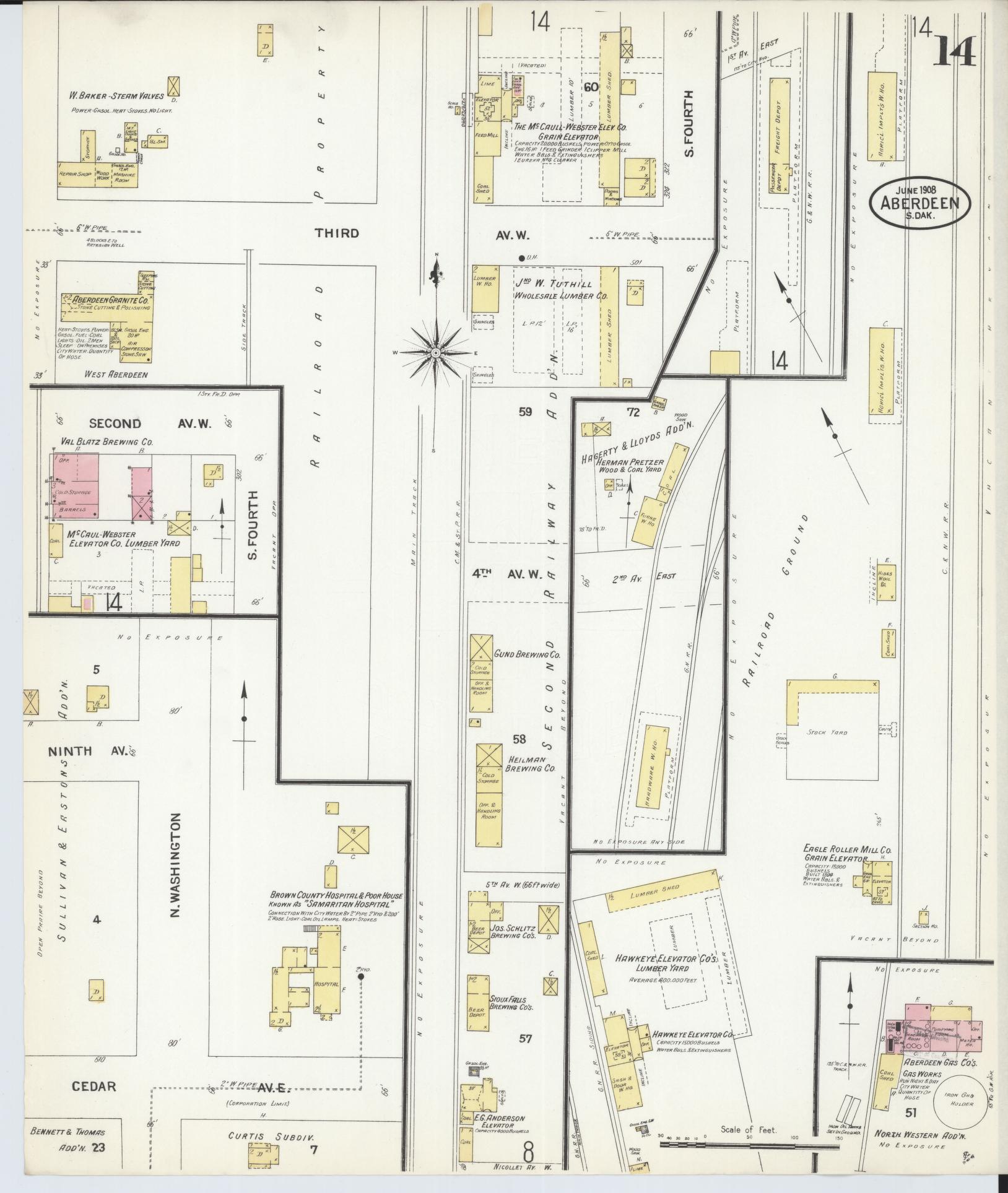 Sanborn Fire Insurance Map from Aberdeen, Brown County, South Dakota (1908), Sheet #0014 - Historic Sanborn Fire Insurance Map Print, vintage old map wall art, antique decor, genealogy gift, South Dakota South Dakota map
