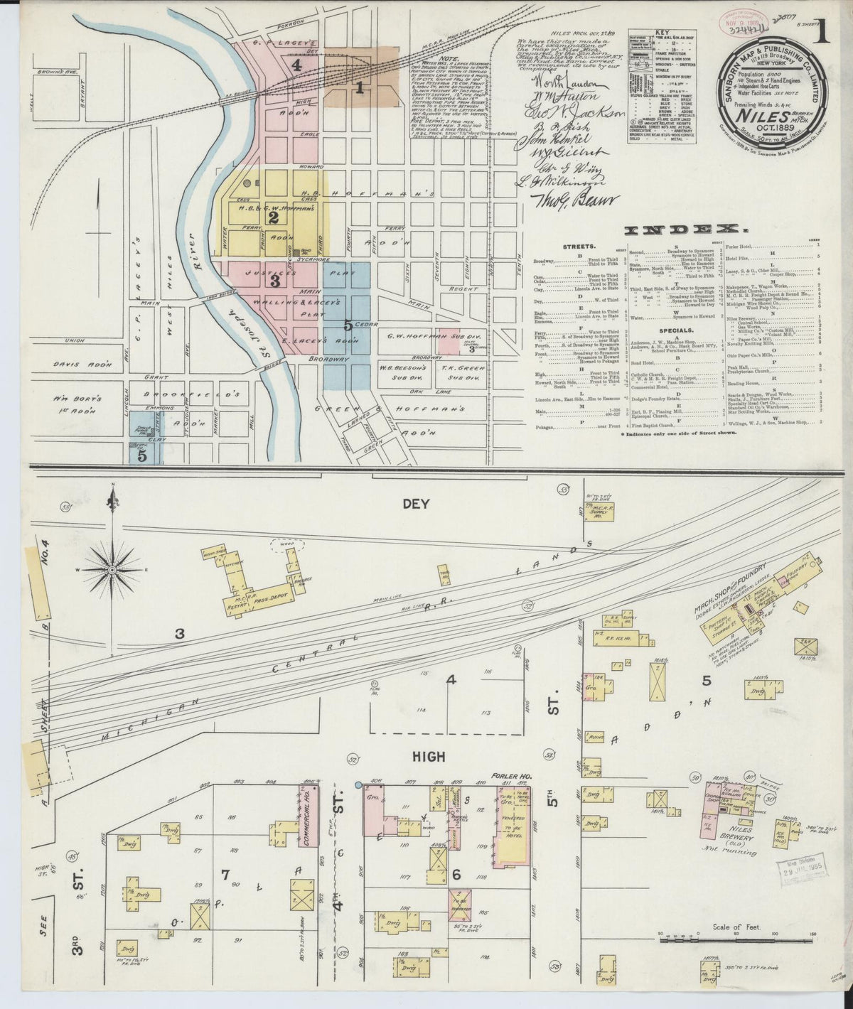 Sanborn Fire Insurance Map from Niles, Berrien County, Michigan (1889), Sheet #0001 - Historic Sanborn Fire Insurance Map Print, vintage old map wall art, antique decor, genealogy gift, Michigan Michigan map