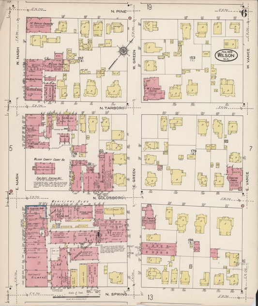 Sanborn Fire Insurance Map from Wilson, Wilson County, North Carolina (1922), Sheet #0006 - Historic Sanborn Fire Insurance Map Print, vintage old map wall art, antique decor, genealogy gift, North Carolina North Carolina map