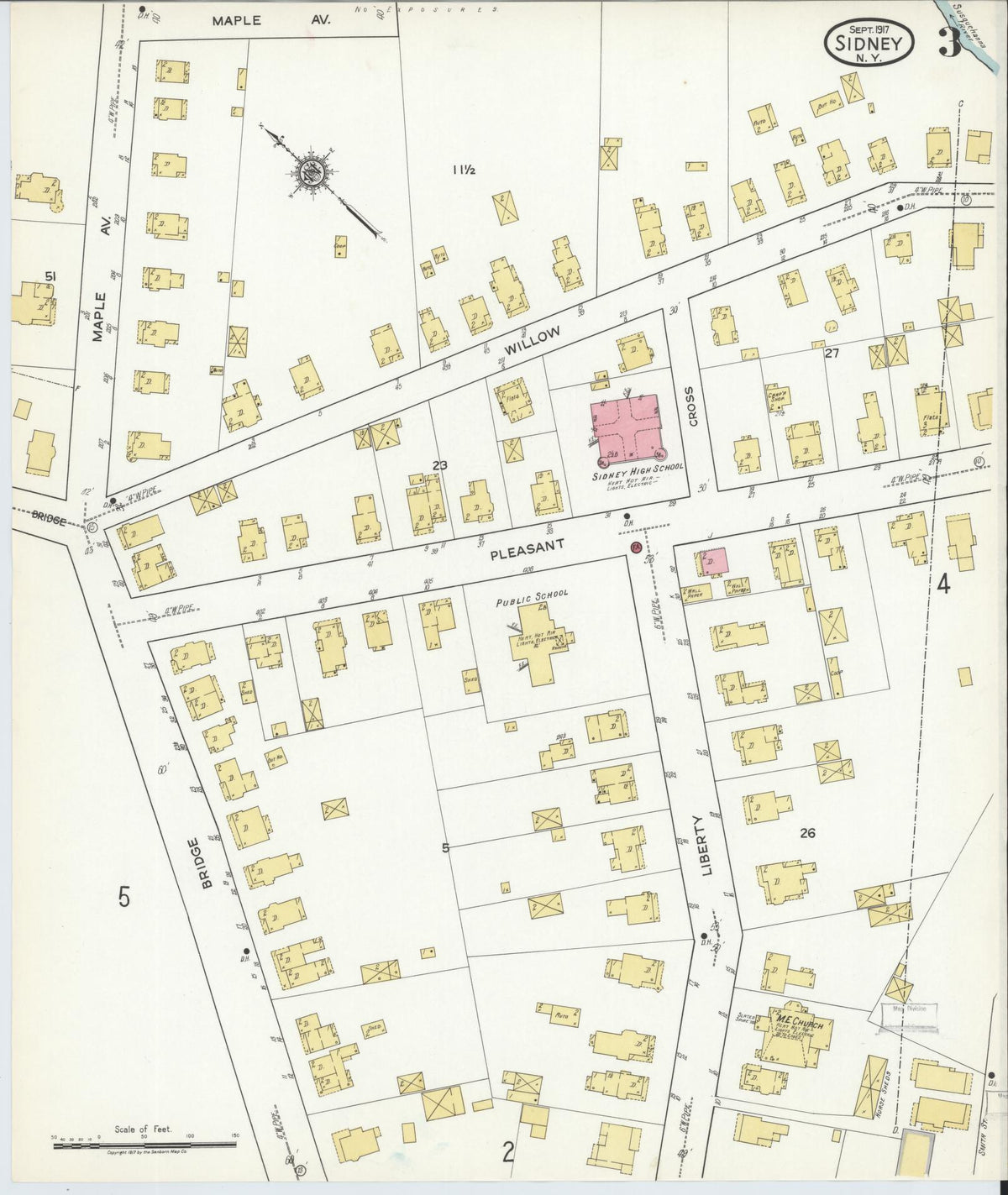 Sanborn Fire Insurance Map from Sidney, Delaware County, New York (1917), Sheet #0003 - Historic Sanborn Fire Insurance Map Print, vintage old map wall art, antique decor, genealogy gift, Sidney Delaware map