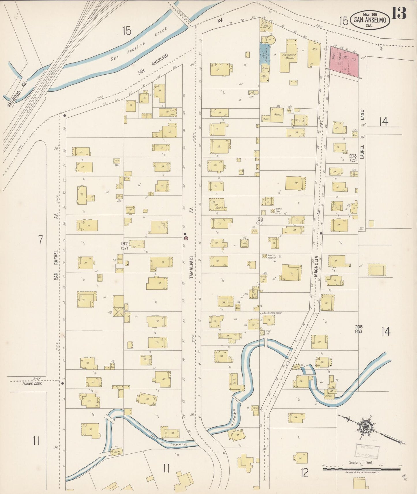 Sanborn Fire Insurance Map from San Anselmo, Marin County, California (1919), Sheet #0013 - Complete Map Set gallery image, historic Sanborn map, vintage wall art, California California