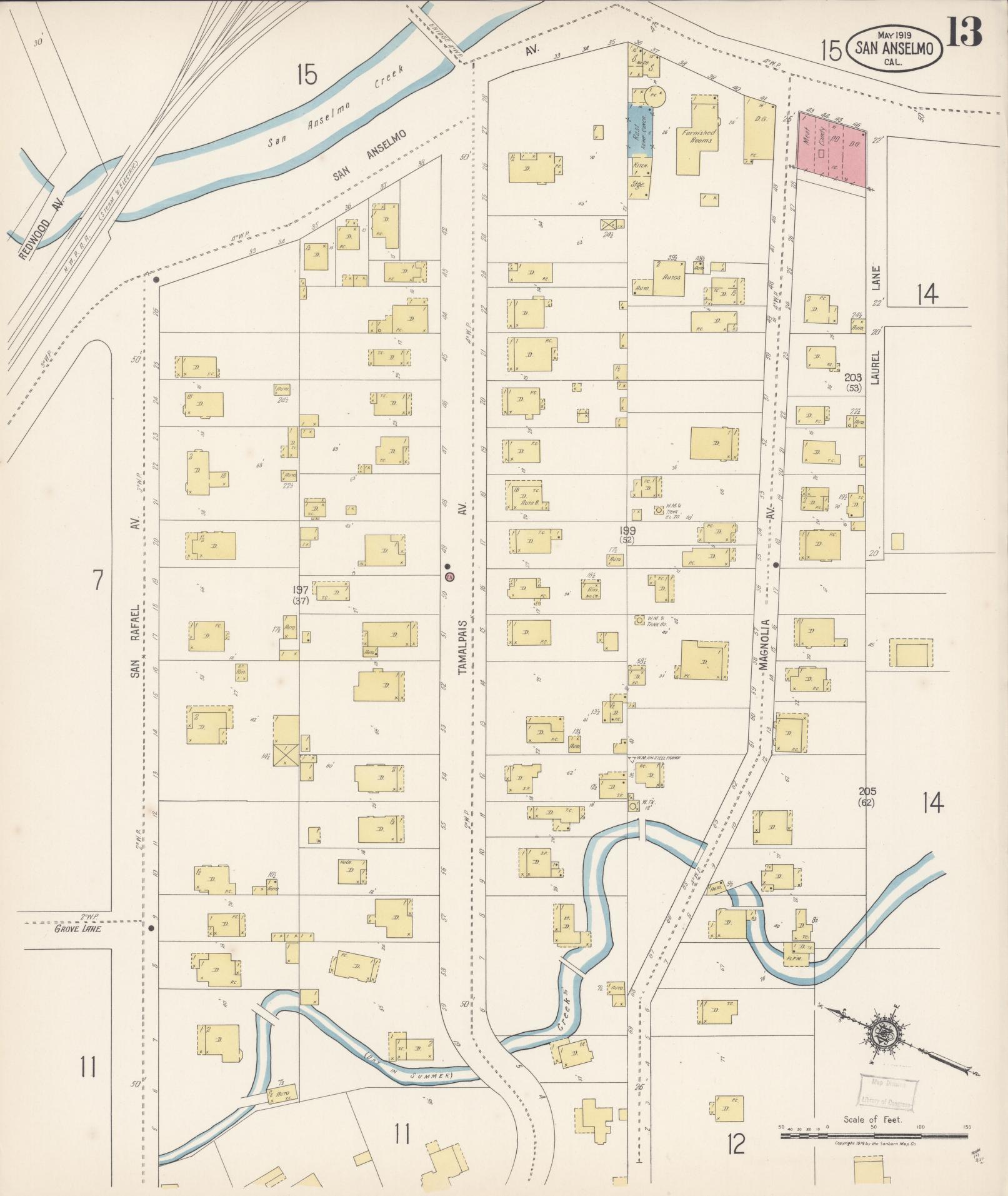 Sanborn Fire Insurance Map from San Anselmo, Marin County, California (1919), Sheet #0013 - Complete Map Set gallery image, historic Sanborn map, vintage wall art, California California