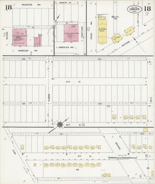Sanborn Fire Insurance Map from Longview, Cowlitz County, Washington (1924), Sheet #0018 - Historic Sanborn Fire Insurance Map Print, vintage old map wall art, antique decor, genealogy gift, Washington Washington map