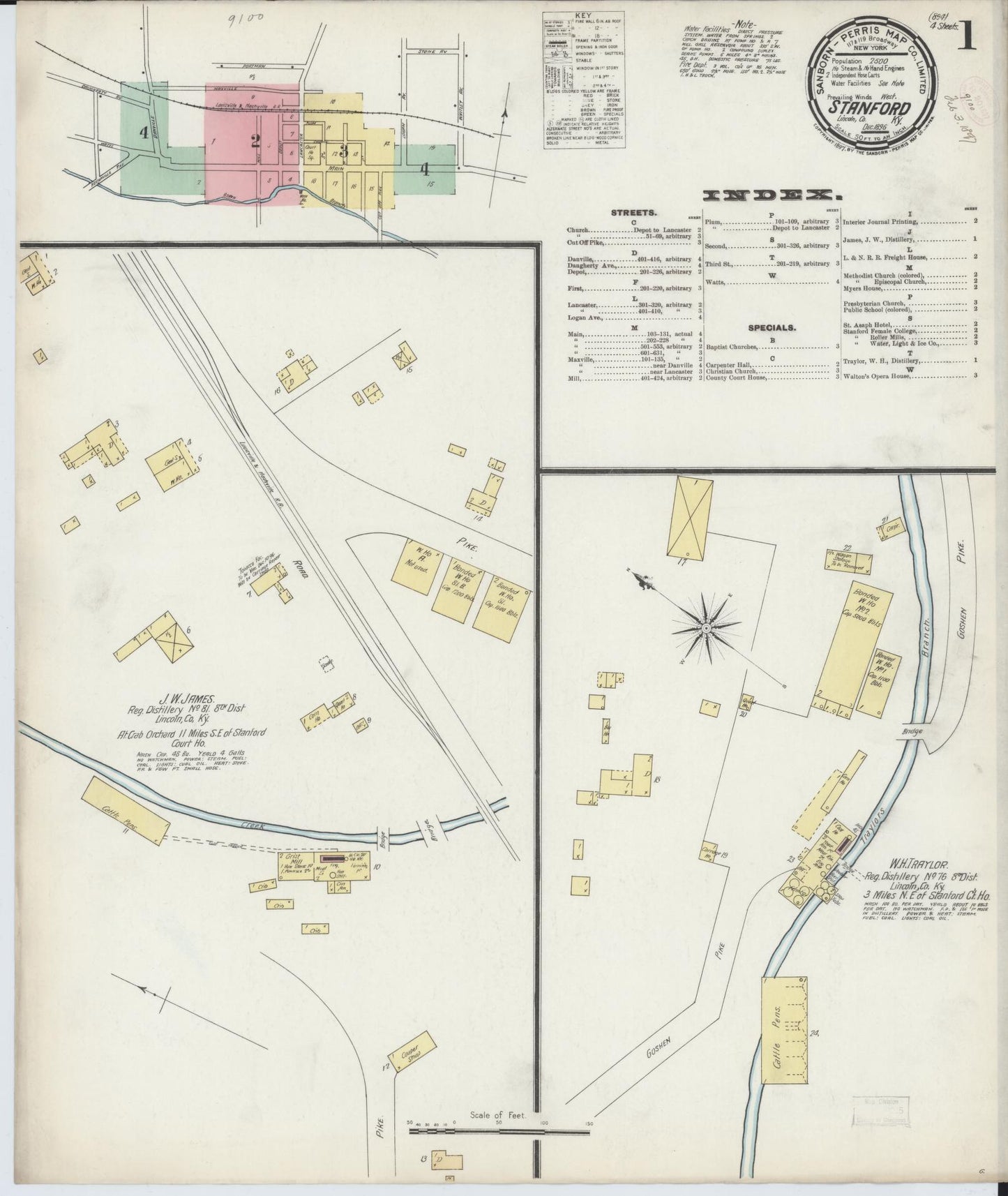 Sanborn Fire Insurance Map from Stanford, Lincoln County, Kentucky (1896), Sheet #0001 - Historic Sanborn Fire Insurance Map Print, vintage old map wall art, antique decor, genealogy gift, Kentucky Kentucky map
