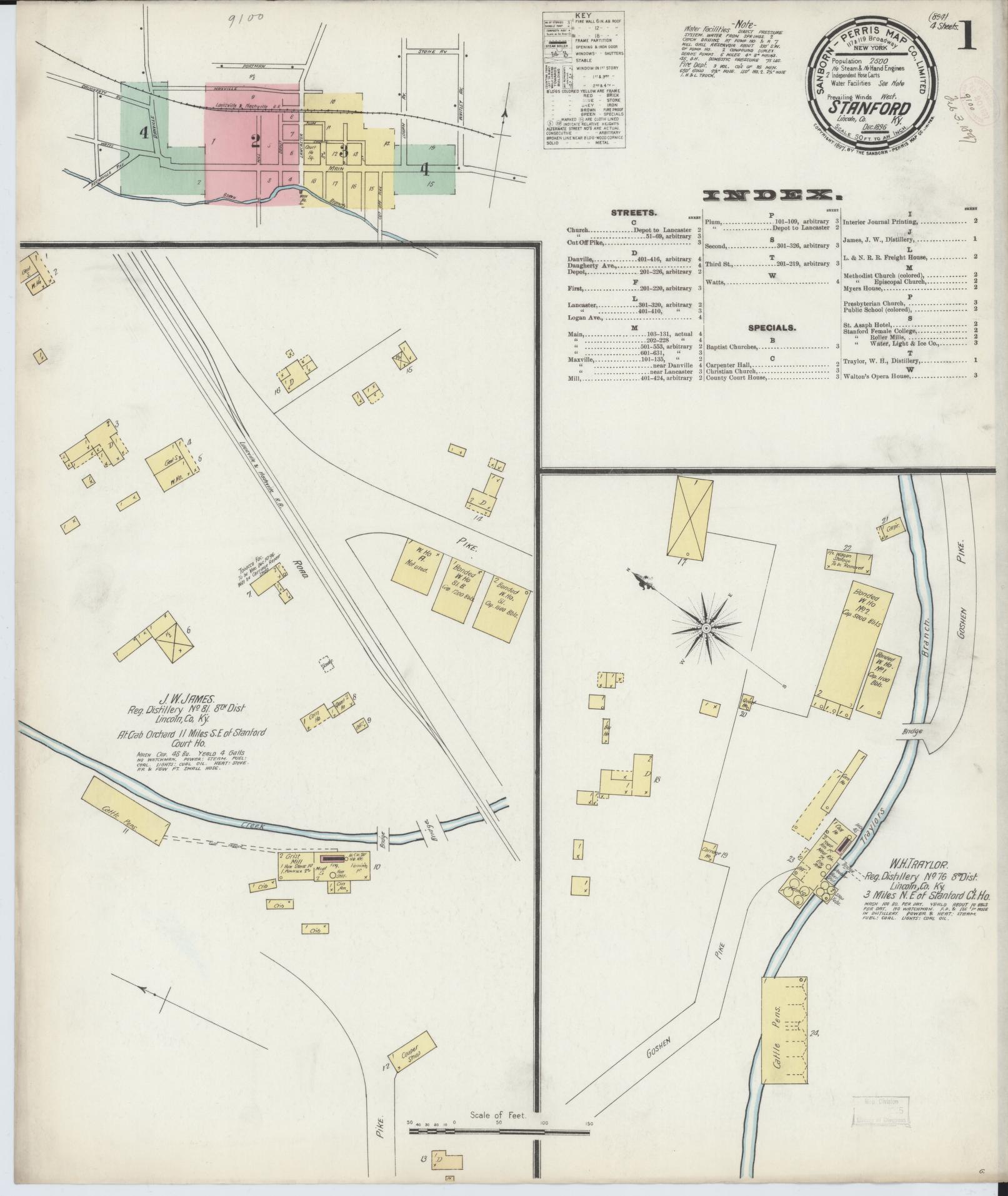 Sanborn Fire Insurance Map from Stanford, Lincoln County, Kentucky (1896), Sheet #0001 - Historic Sanborn Fire Insurance Map Print, vintage old map wall art, antique decor, genealogy gift, Kentucky Kentucky map