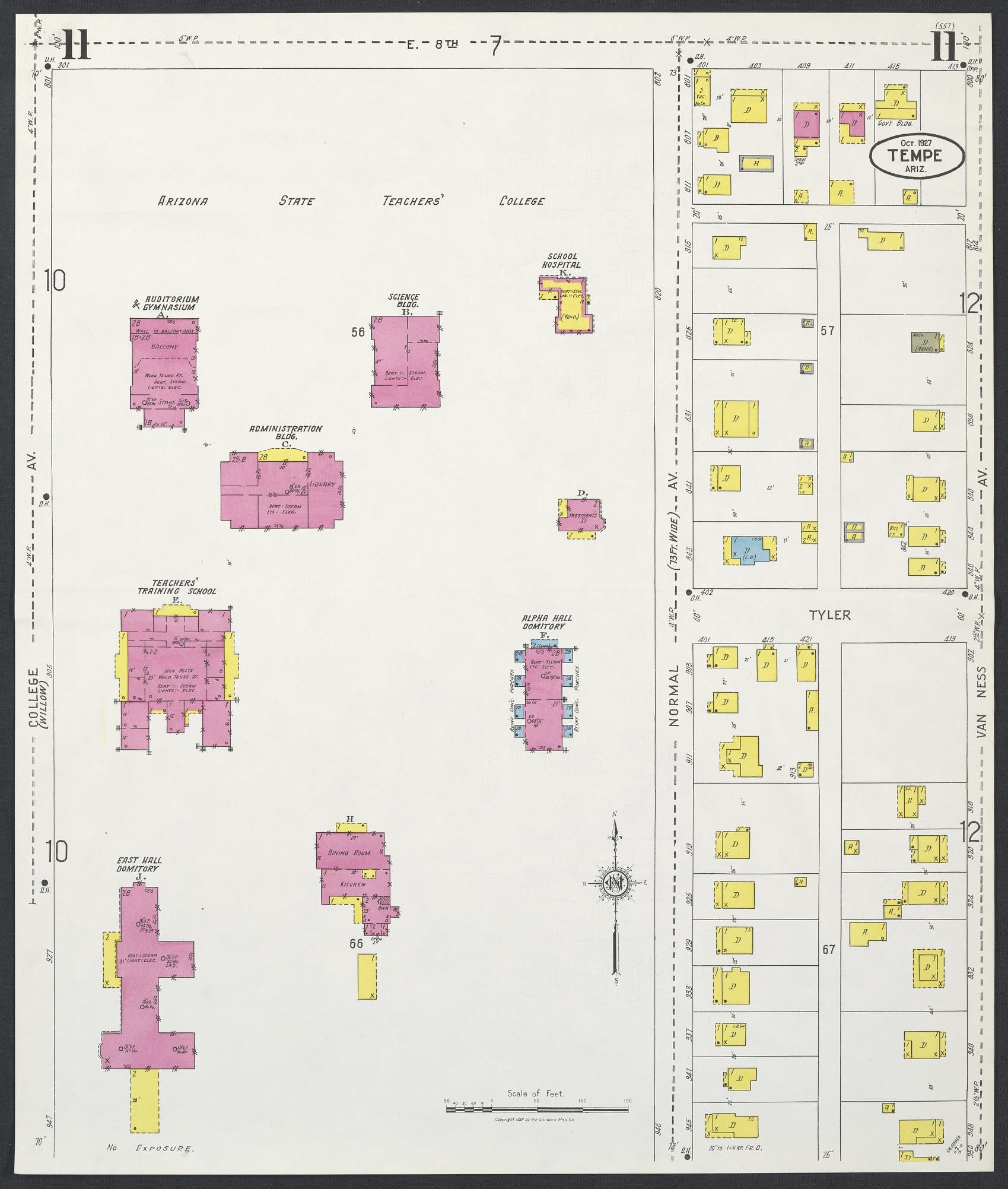 Sanborn Fire Insurance Map from Tempe, Maricopa County, Arizona (1927), Sheet #0011 - Historic Sanborn Fire Insurance Map Print, vintage old map wall art, antique decor, genealogy gift, Arizona Arizona map