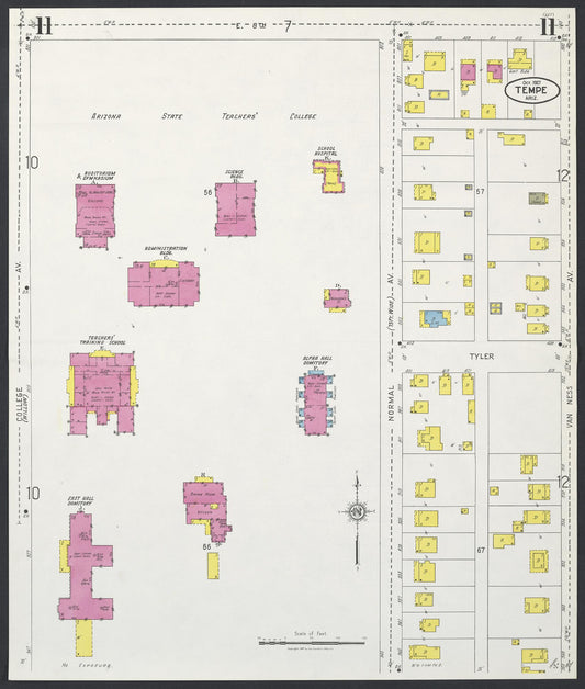 Sanborn Fire Insurance Map from Tempe, Maricopa County, Arizona (1927), Sheet #0011 - Historic Sanborn Fire Insurance Map Print, vintage old map wall art, antique decor, genealogy gift, Arizona Arizona map