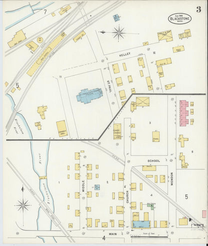 Sanborn Fire Insurance Map from Blackstone, Worcester County, Massachusetts (1898), Sheet #0003 - Historic Sanborn Fire Insurance Map Print, vintage old map wall art, antique decor, genealogy gift, Massachusetts Massachusetts map