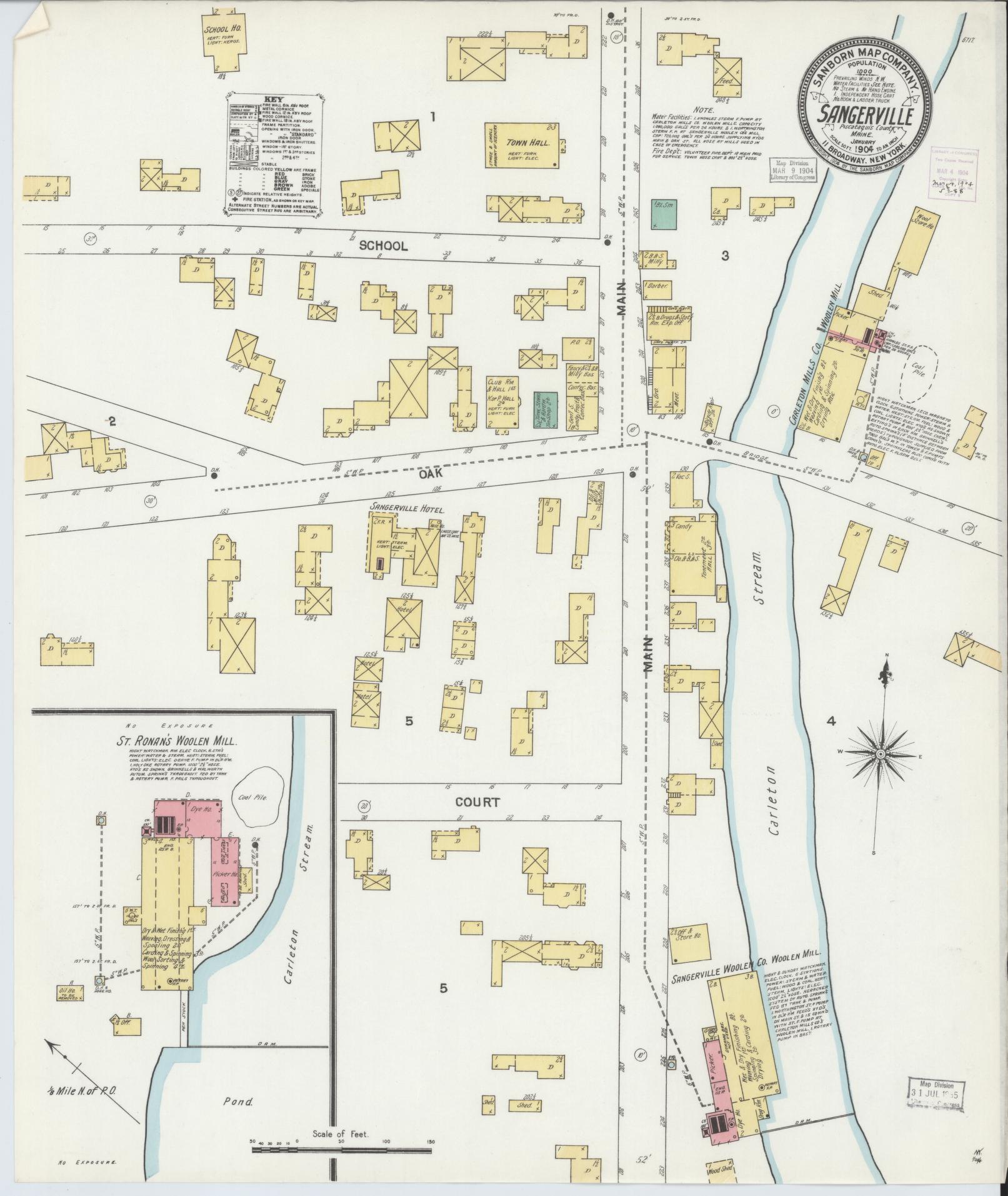 Sanborn Fire Insurance Map from Sangerville, Piscataquis County, Maine (1904), Sheet #0001 - Historic Sanborn Fire Insurance Map Print, vintage old map wall art, antique decor, genealogy gift, Maine Maine map