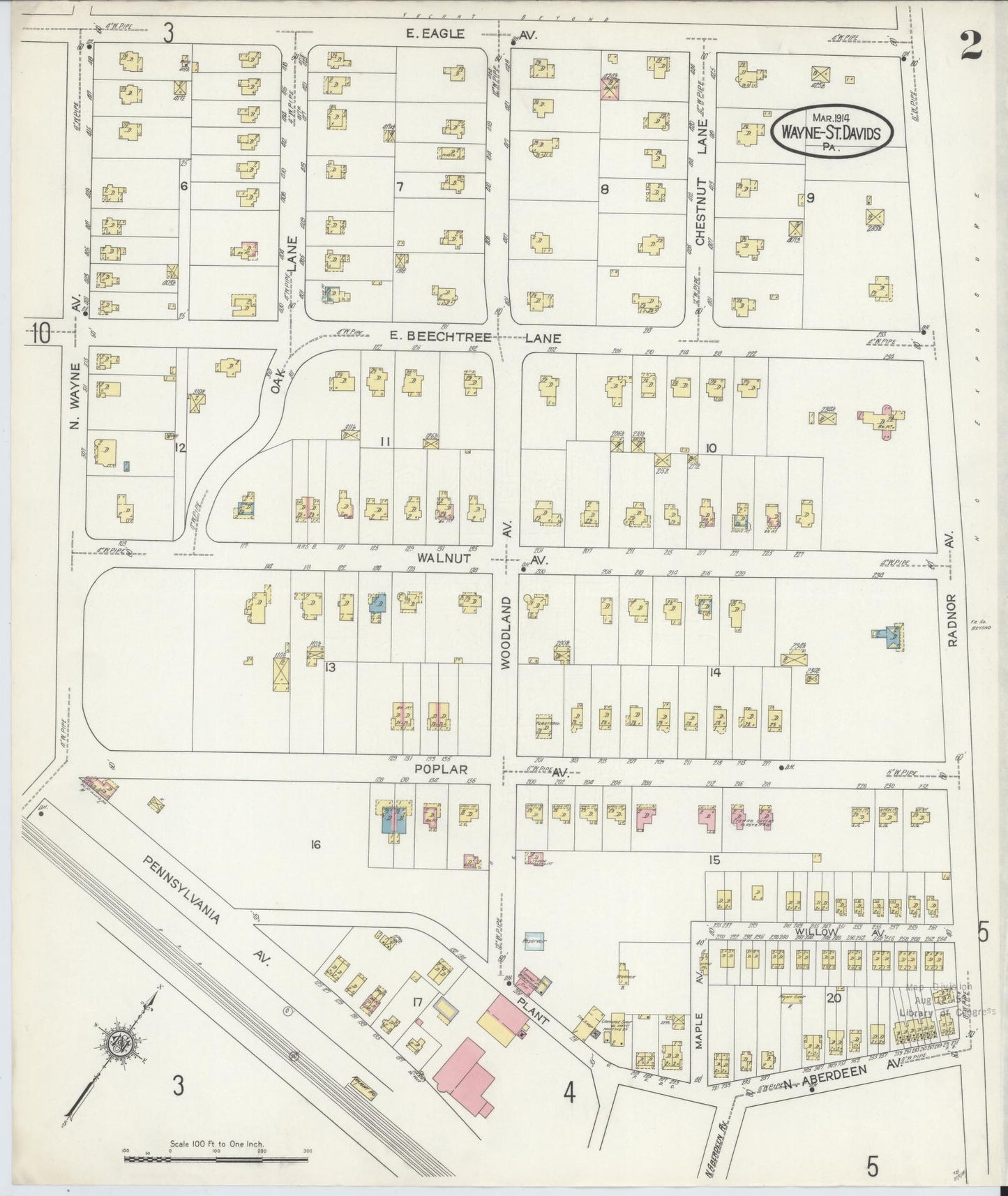 Sanborn Fire Insurance Map from Wayne, Delaware County, Pennsylvania (1914), Sheet #0002 - Historic Sanborn Fire Insurance Map Print, vintage old map wall art, antique decor, genealogy gift, Wayne Delaware map