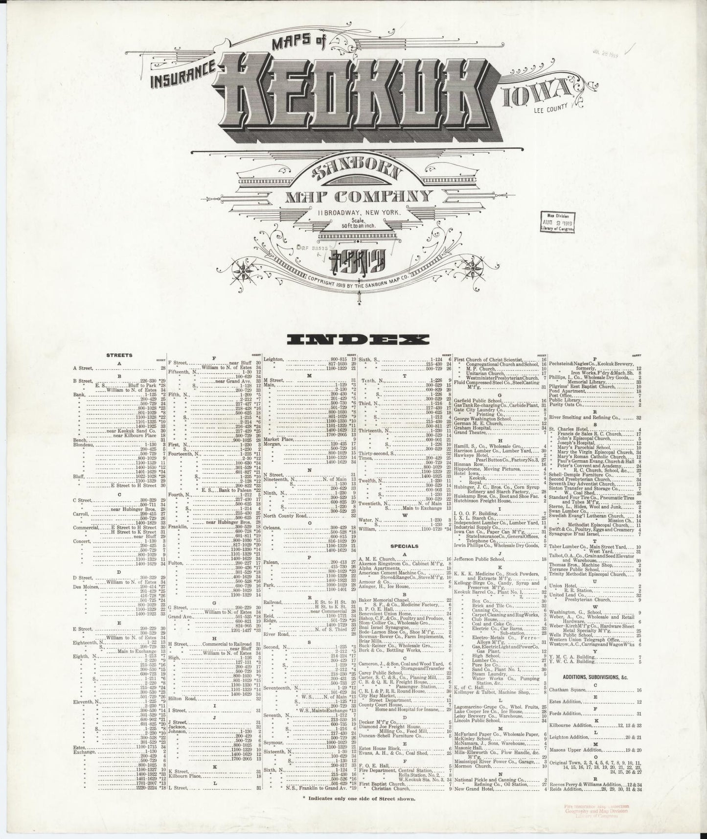 Sanborn Fire Insurance Map from Keokuk, Lee County, Iowa (1919), Sheet #0001 - Historic Sanborn Fire Insurance Map Print, vintage old map wall art