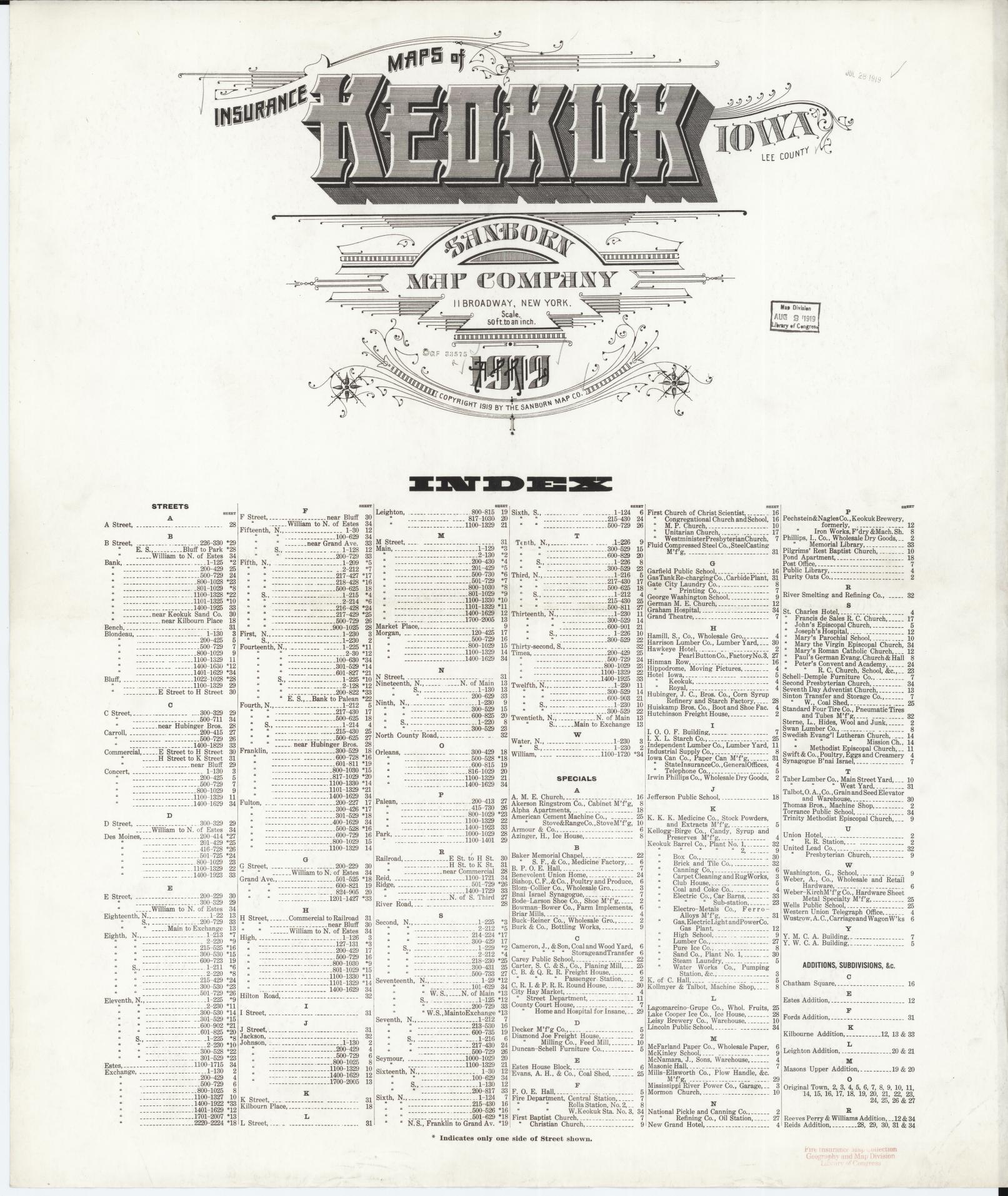 Sanborn Fire Insurance Map from Keokuk, Lee County, Iowa (1919), Sheet #0001 - Historic Sanborn Fire Insurance Map Print, vintage old map wall art