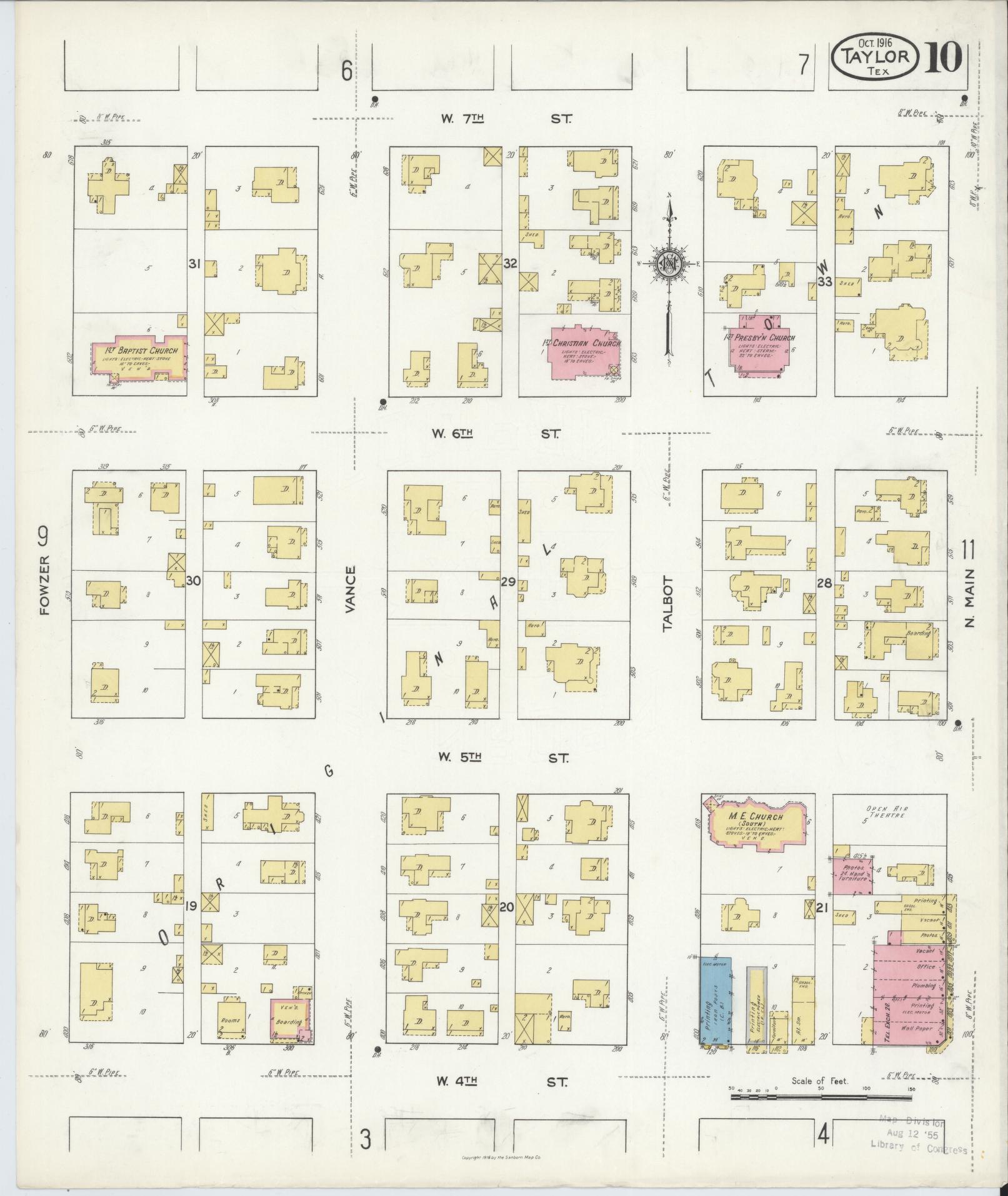 Sanborn Fire Insurance Map from Taylor, Williamson County, Texas (1916), Sheet #0010 - Complete Map Set gallery image, historic Sanborn map, vintage wall art, Texas Texas