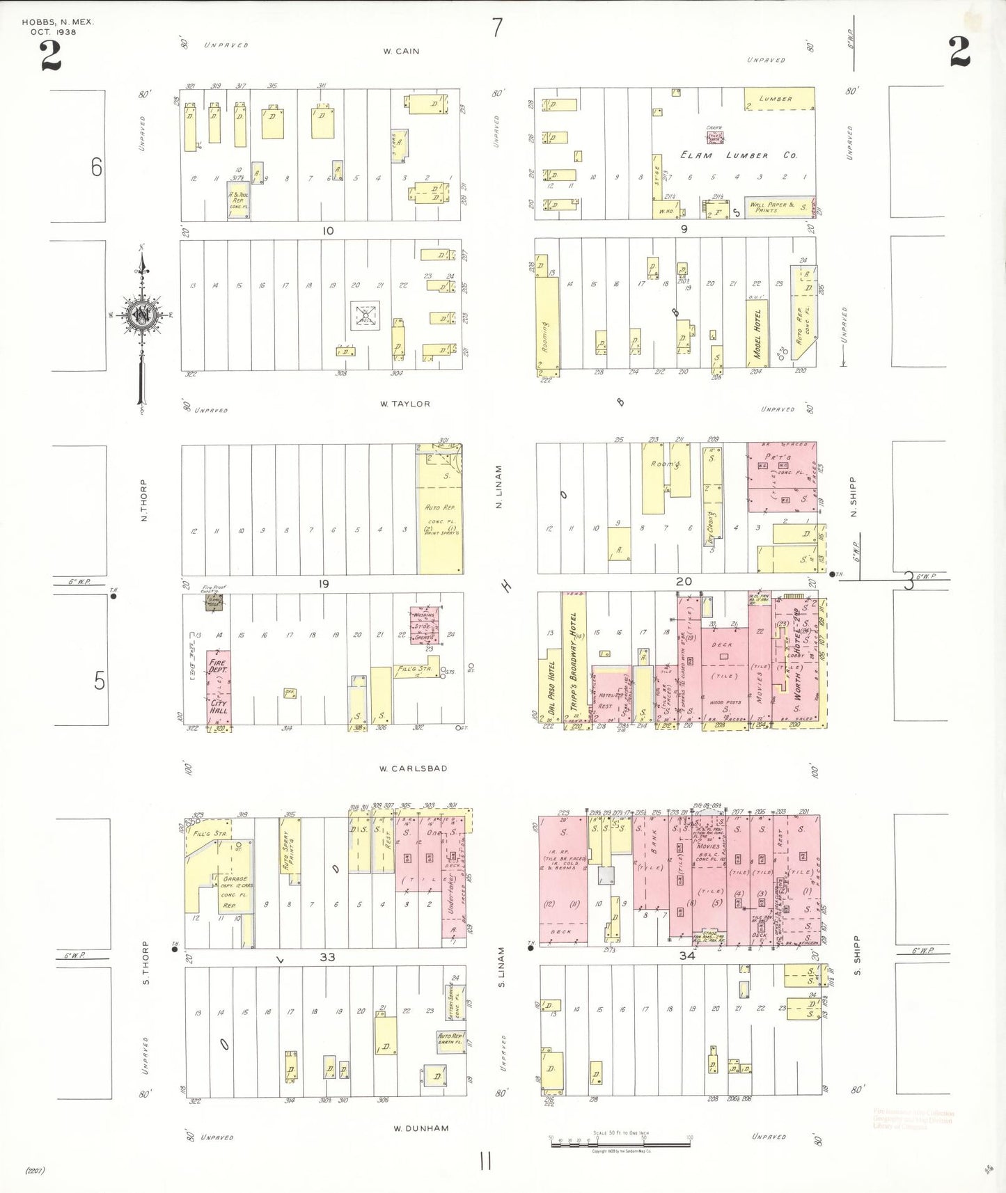 Sanborn Fire Insurance Map from Hobbs, Lea County, New Mexico (1938), Sheet #0002 - Complete Map Set gallery image, historic Sanborn map, vintage wall art, New Mexico New Mexico