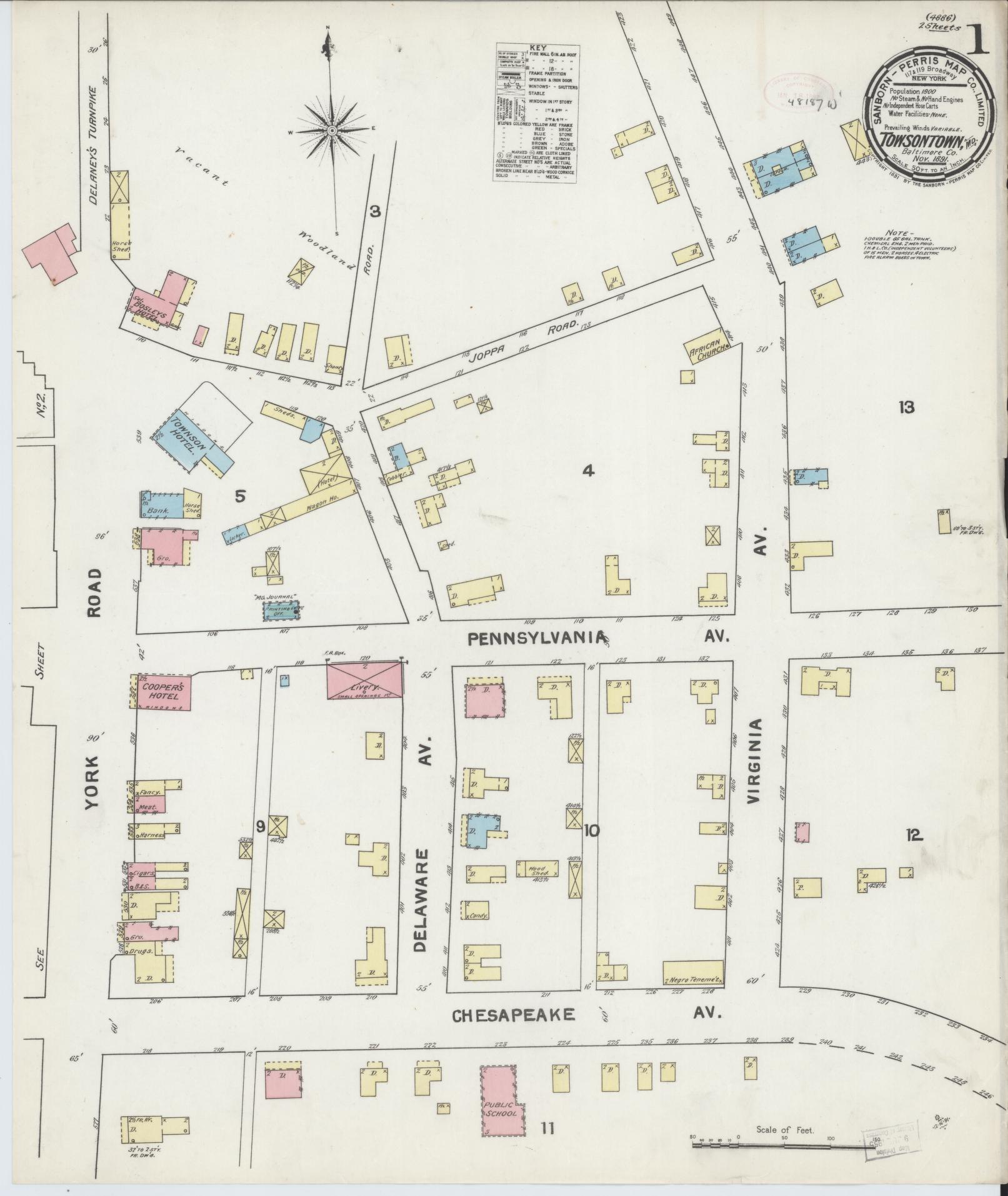 Sanborn Fire Insurance Map from Towson, Baltimore County, Maryland (1891), Sheet #0001 - Historic Sanborn Fire Insurance Map Print, vintage old map wall art
