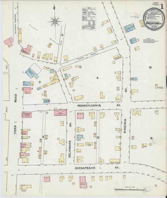 Sanborn Fire Insurance Map from Towson, Baltimore County, Maryland (1891), Sheet #0001 - Historic Sanborn Fire Insurance Map Print, vintage old map wall art