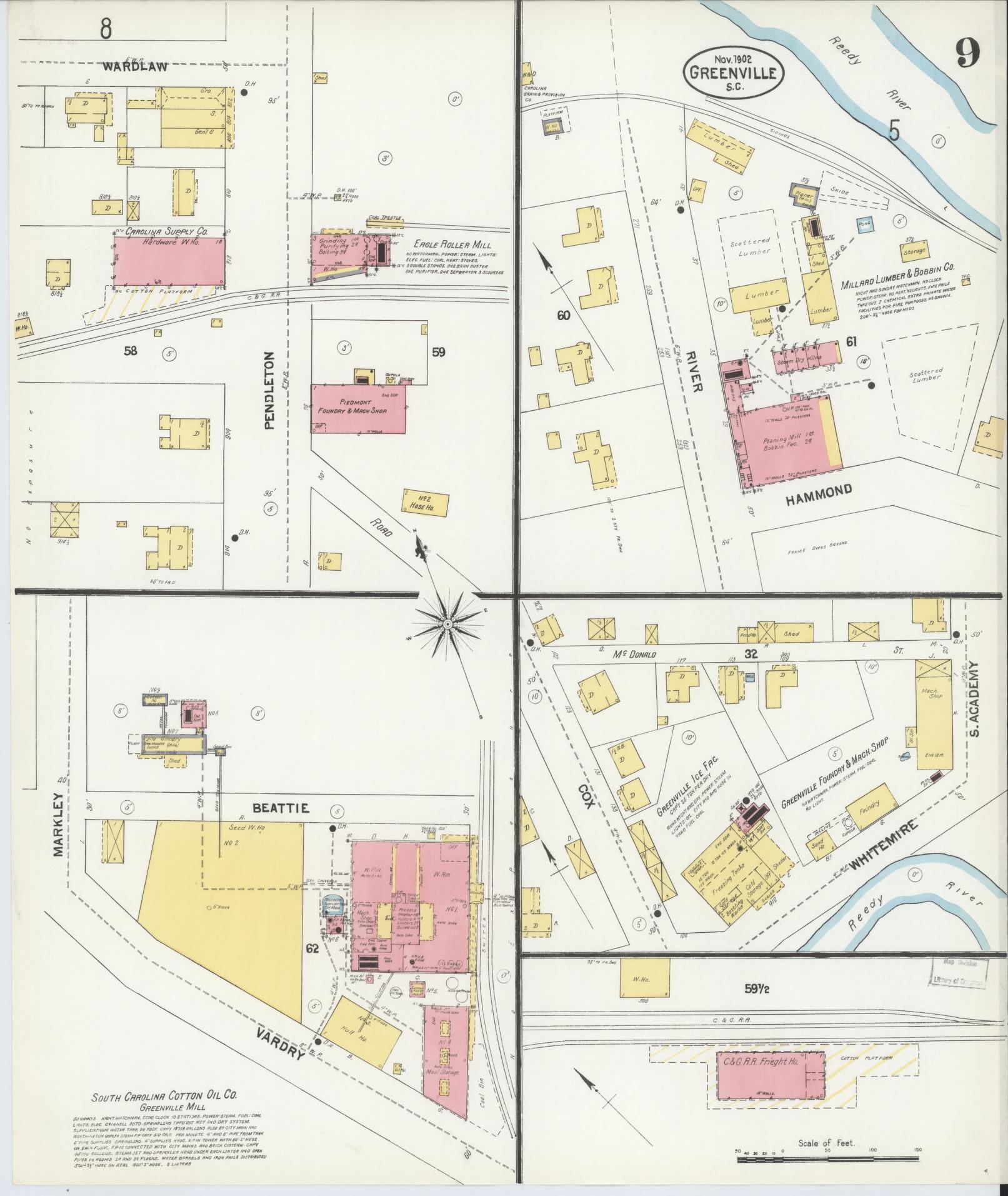 Sanborn Fire Insurance Map from Greenville, Greenville County, South Carolina (1902), Sheet #0009 - Complete Map Set gallery image, historic Sanborn map, vintage wall art, South Carolina South Carolina