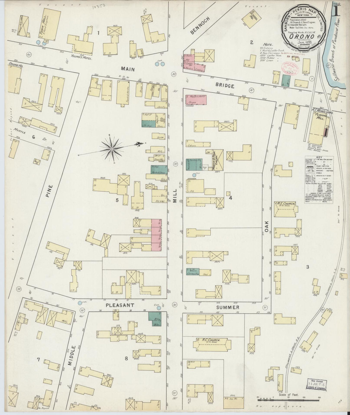 Sanborn Fire Insurance Map from Orono, Penobscot County, Maine (1895), Sheet #0001 - Historic Sanborn Fire Insurance Map Print, vintage old map wall art, antique decor, genealogy gift, Maine Maine map