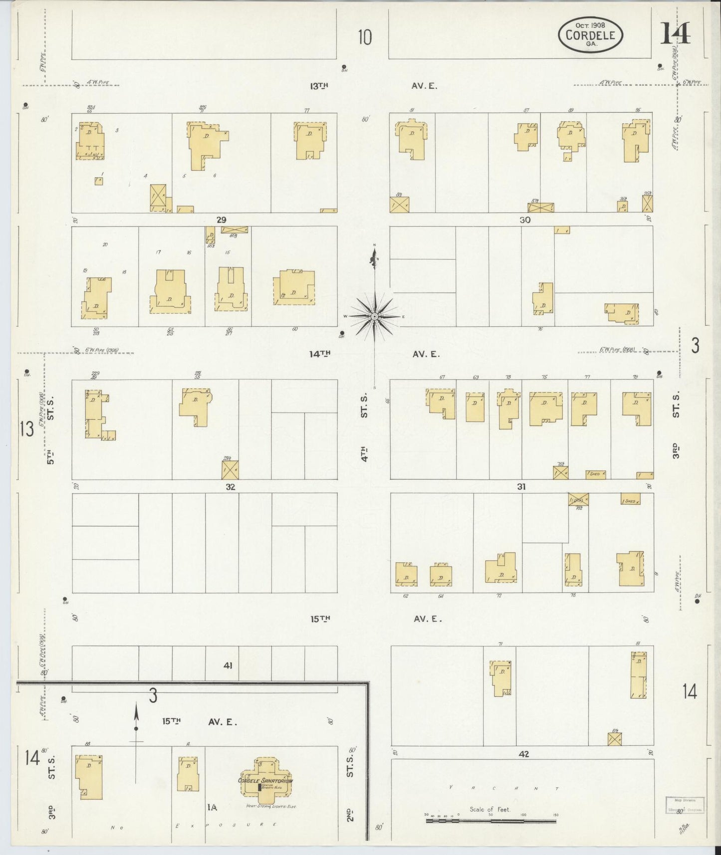 Sanborn Fire Insurance Map from Cordele, Crisp County, Georgia (1908), Sheet #0014 - Historic Sanborn Fire Insurance Map Print, vintage old map wall art, antique decor, genealogy gift, Georgia Georgia map