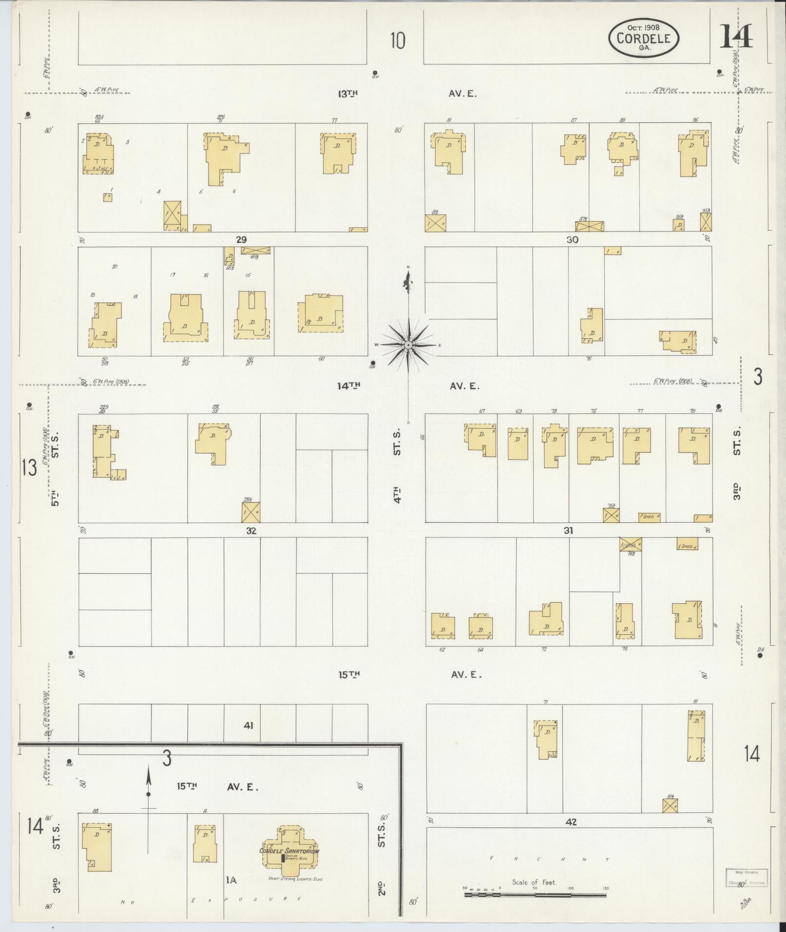 Sanborn Fire Insurance Map from Cordele, Crisp County, Georgia (1908), Sheet #0014 - Historic Sanborn Fire Insurance Map Print, vintage old map wall art, antique decor, genealogy gift, Georgia Georgia map