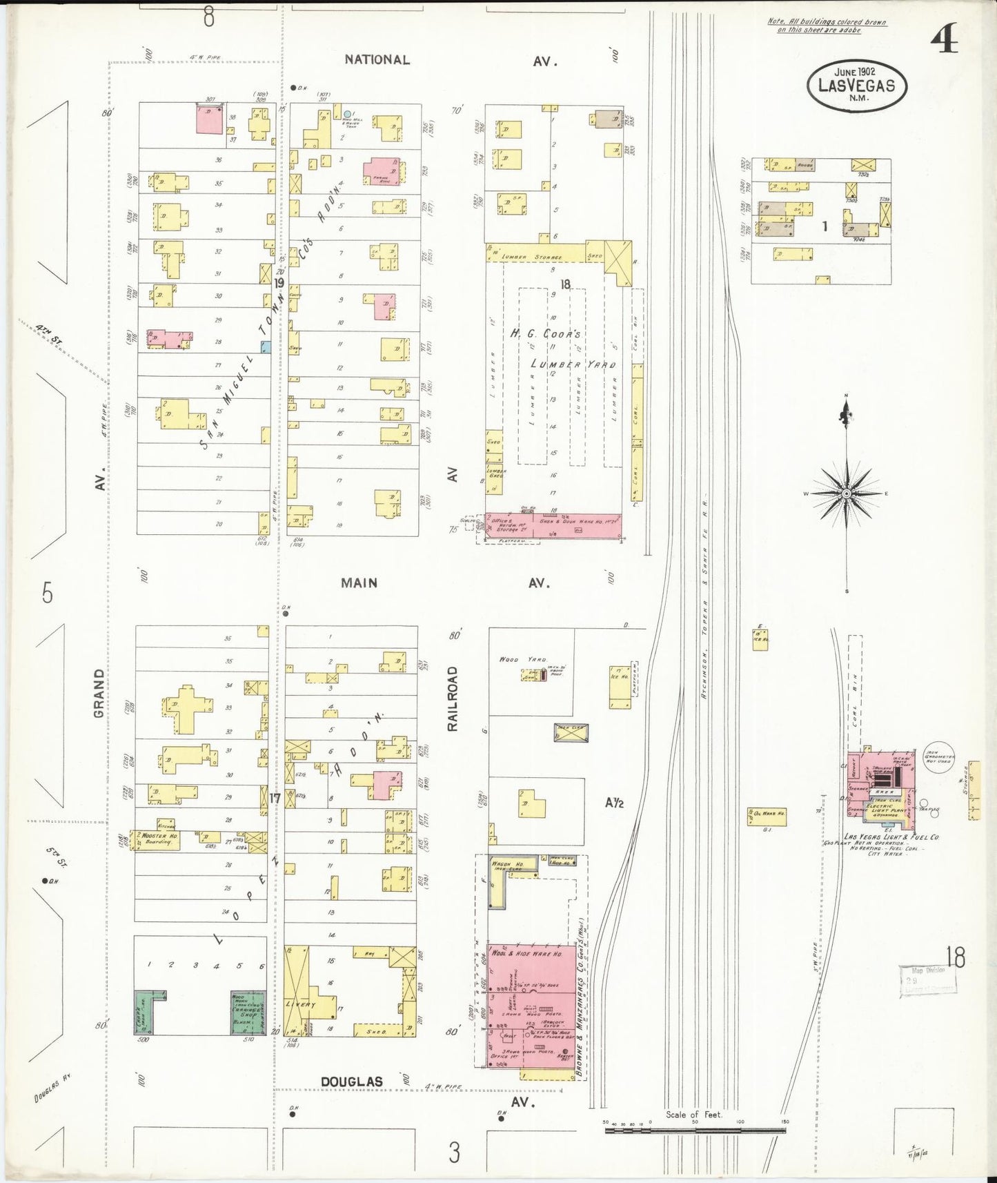 Sanborn Fire Insurance Map from Las Vegas, San Miguel County, New Mexico (1902), Sheet #0004 - Complete Map Set gallery image, historic Sanborn map, vintage wall art, New Mexico New Mexico