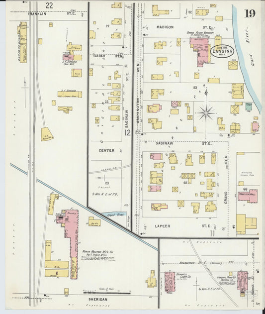 Sanborn Fire Insurance Map from Lansing, Ingham County, Michigan (1898), Sheet #0019 - Historic Sanborn Fire Insurance Map Print, vintage old map wall art, antique decor, genealogy gift, Michigan Michigan map