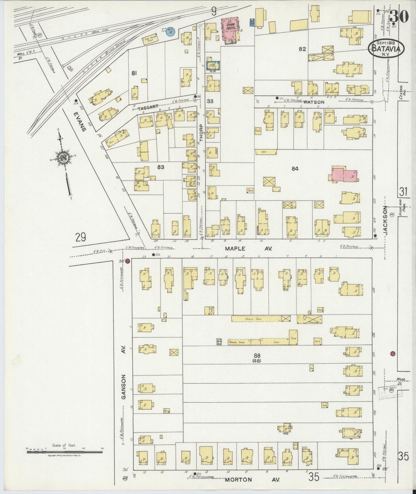 Sanborn Fire Insurance Map from Batavia, Genesee County, New York (1919), Sheet #0030 - Historic Sanborn Fire Insurance Map Print, vintage old map wall art, antique decor, genealogy gift, New York New York map