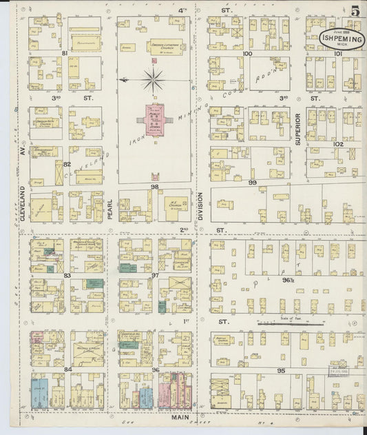 Sanborn Fire Insurance Map from Ishpeming, Marquette County, Michigan (1888), Sheet #0005 - Historic Sanborn Fire Insurance Map Print, vintage old map wall art, antique decor, genealogy gift, Michigan Michigan map