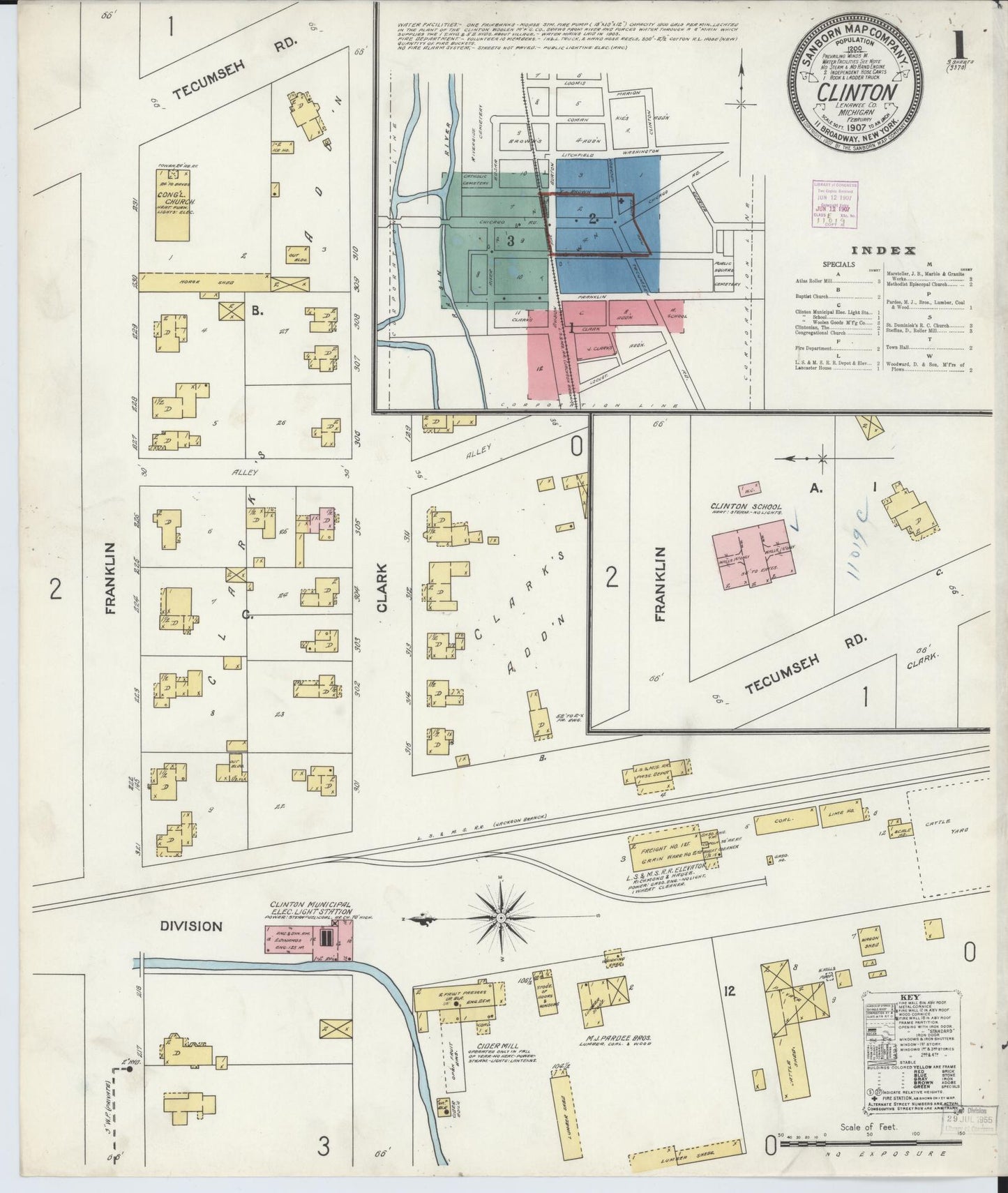 Sanborn Fire Insurance Map from Clinton, Lenawee County, Michigan (1907), Sheet #0001 - Complete Map Set gallery image, historic Sanborn map, vintage wall art, Michigan Michigan