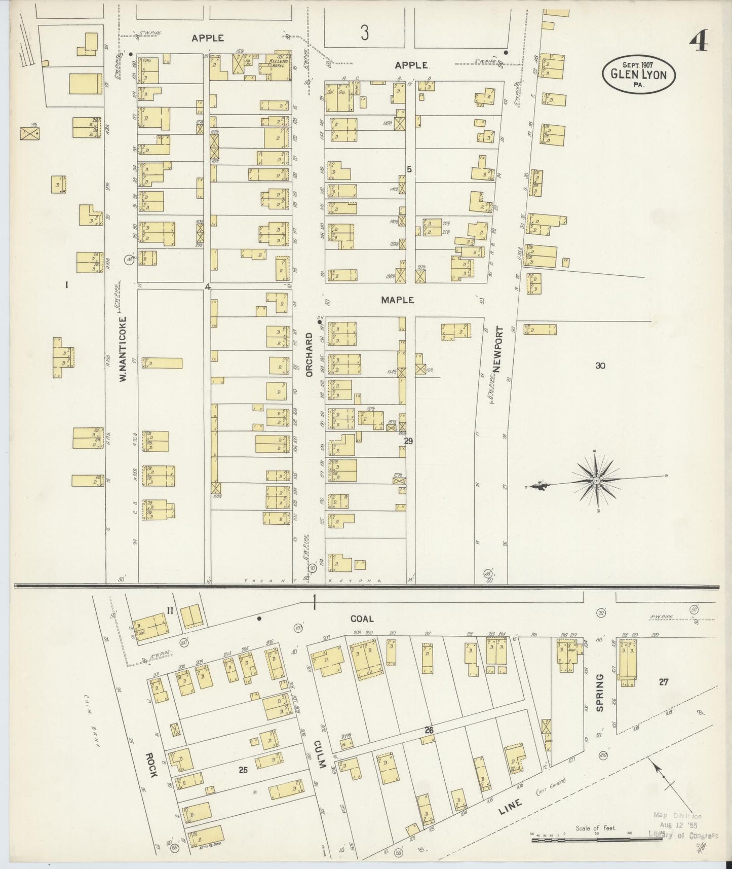 Sanborn Fire Insurance Map from Glen Lyon, Luzerne County, Pennsylvania (1907), Sheet #0004 - Historic Sanborn Fire Insurance Map Print, vintage old map wall art, antique decor, genealogy gift, Pennsylvania Pennsylvania map