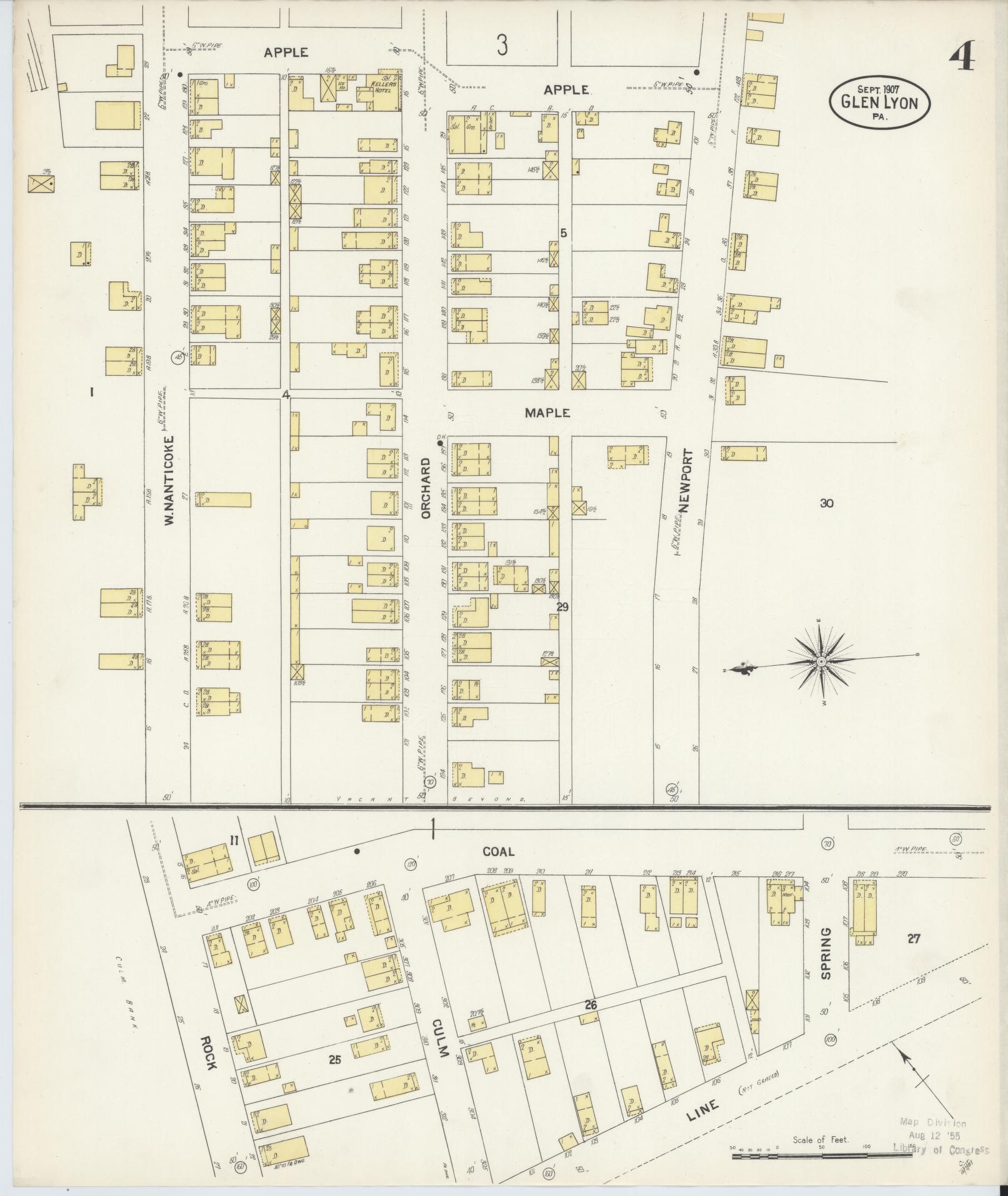 Sanborn Fire Insurance Map from Glen Lyon, Luzerne County, Pennsylvania (1907), Sheet #0004 - Historic Sanborn Fire Insurance Map Print, vintage old map wall art, antique decor, genealogy gift, Pennsylvania Pennsylvania map