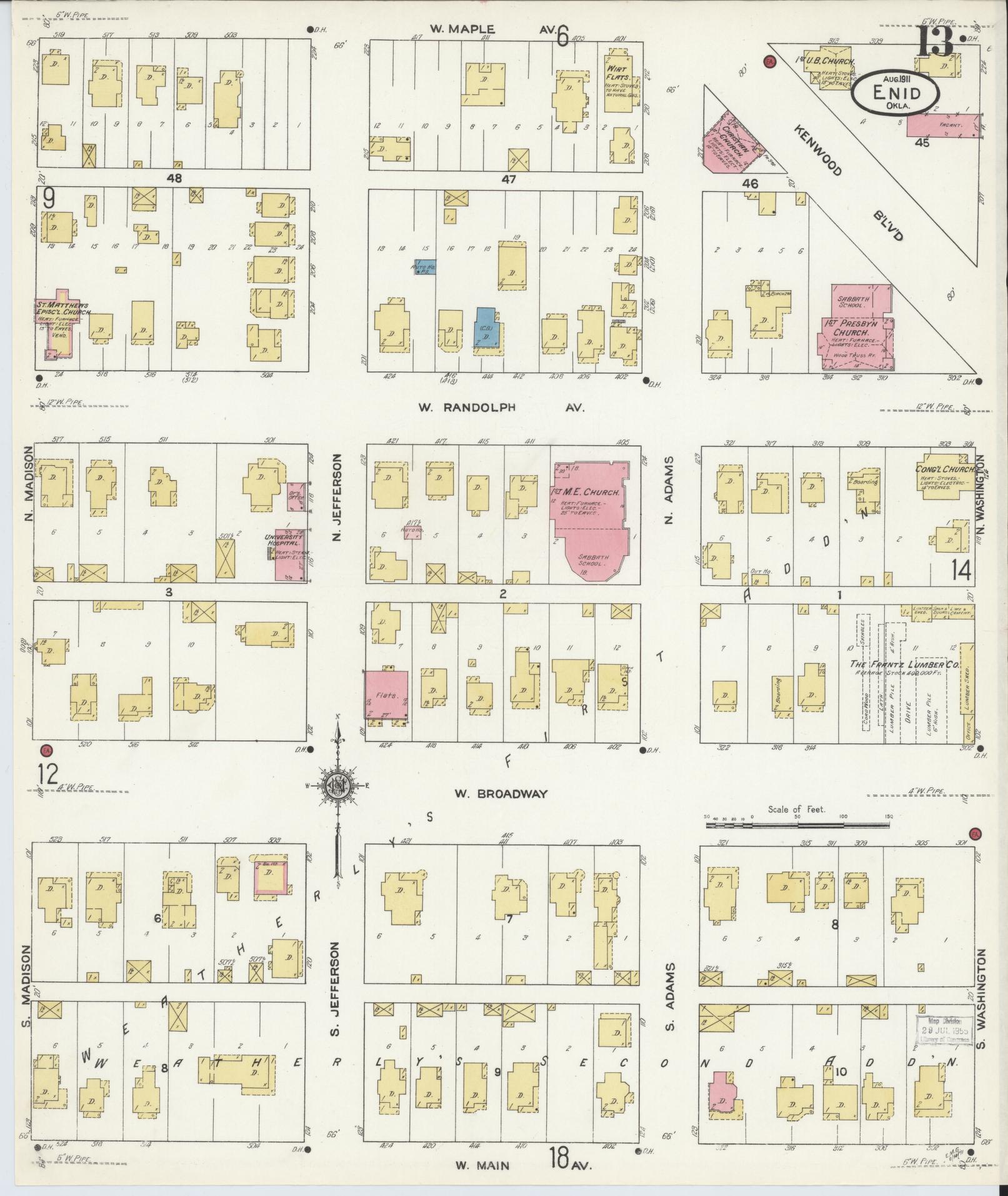 Sanborn Fire Insurance Map from Enid, Garfield County, Oklahoma (1911), Sheet #0013 - Historic Sanborn Fire Insurance Map Print, vintage old map wall art, antique decor, genealogy gift, Oklahoma Oklahoma map