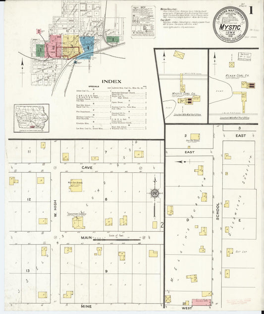 Sanborn Fire Insurance Map from Mystic, Appanoose County, Iowa (1916), Sheet #0001 - Historic Sanborn Fire Insurance Map Print, vintage old map wall art