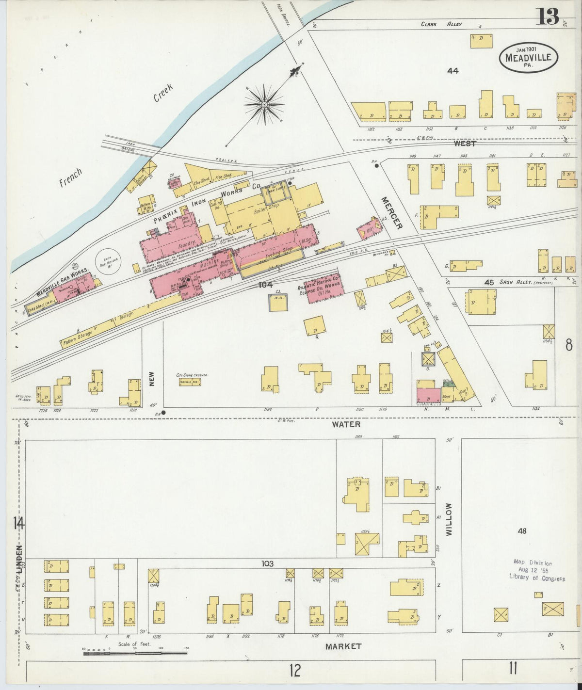 Sanborn Fire Insurance Map from Meadville, Crawford County, Pennsylvania (1901), Sheet #0013 - Historic Sanborn Fire Insurance Map Print, vintage old map wall art, antique decor, genealogy gift, Pennsylvania Pennsylvania map