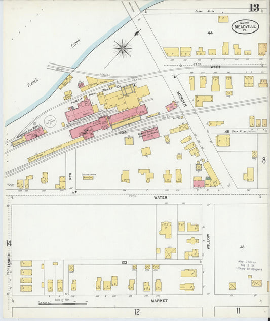 Sanborn Fire Insurance Map from Meadville, Crawford County, Pennsylvania (1901), Sheet #0013 - Historic Sanborn Fire Insurance Map Print, vintage old map wall art, antique decor, genealogy gift, Pennsylvania Pennsylvania map