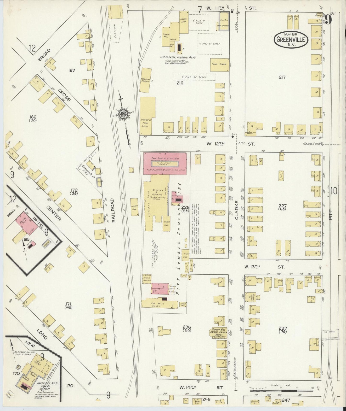 Sanborn Fire Insurance Map from Greenville, Pitt County, North Carolina (1916), Sheet #0009 - Complete Map Set gallery image, historic Sanborn map, vintage wall art, North Carolina North Carolina