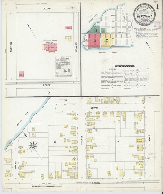 Sanborn Fire Insurance Map from Beaufort, Carteret County, North Carolina (1908), Sheet #0001 - Complete Map Set gallery image, historic Sanborn map, vintage wall art, North Carolina North Carolina