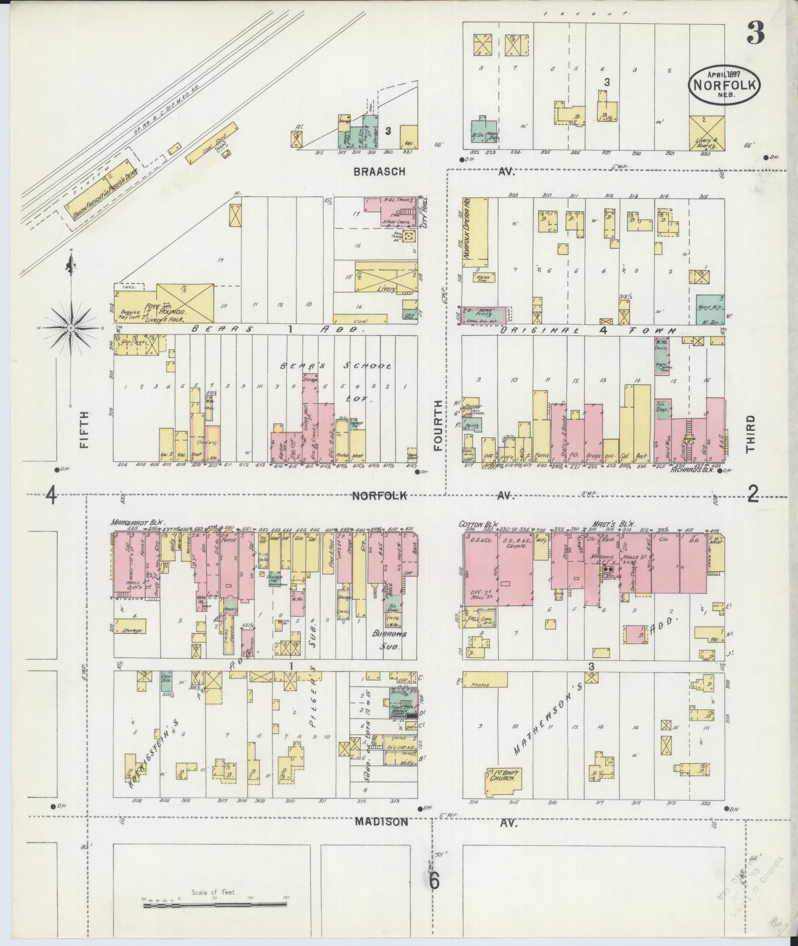 Sanborn Fire Insurance Map from Norfolk, Madison County, Nebraska (1897), Sheet #0003 - Complete Map Set gallery image, historic Sanborn map, vintage wall art, Nebraska Nebraska