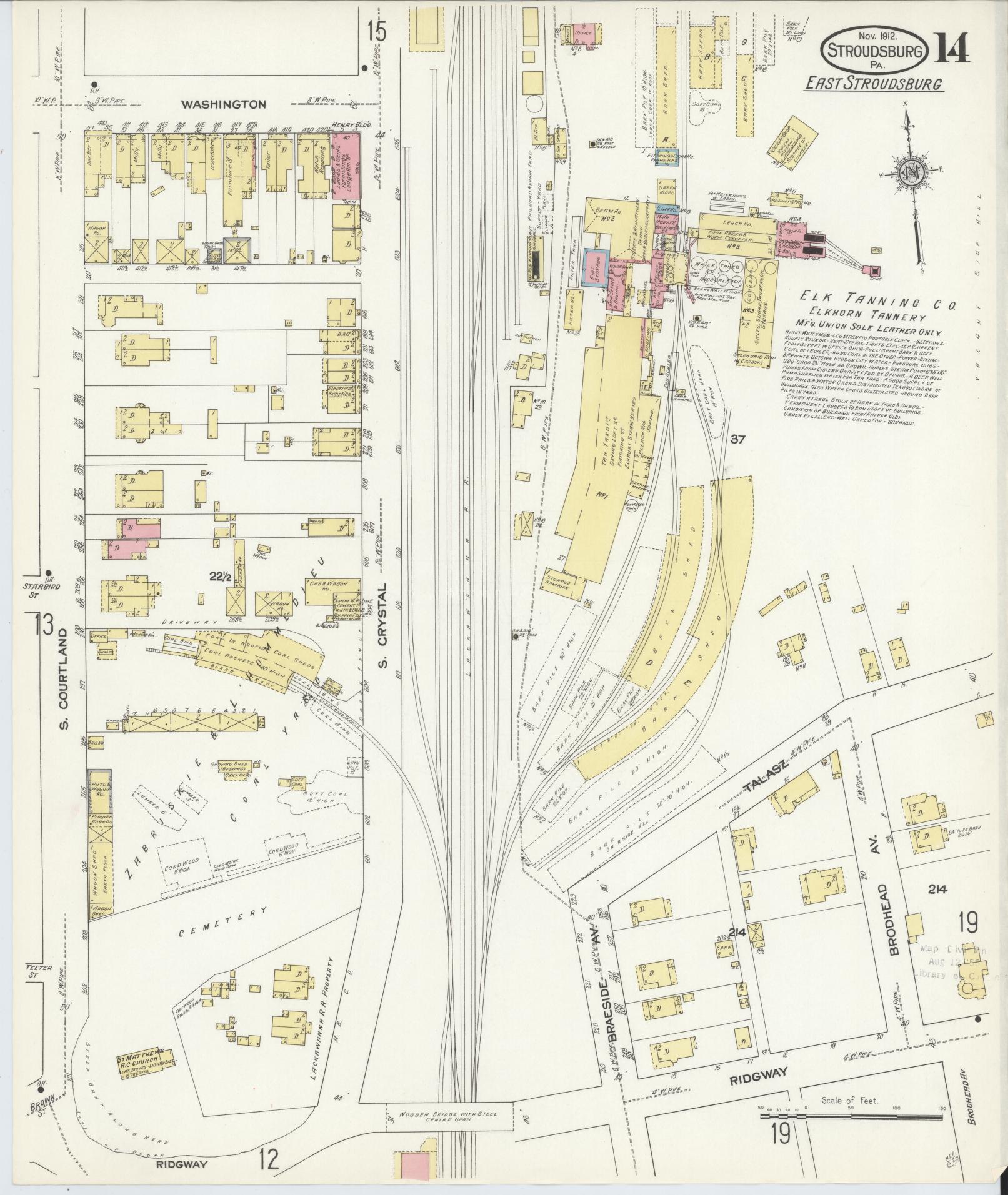 Sanborn Fire Insurance Map from Stroudsburg, Monroe County, Pennsylvania (1912), Sheet #0014 - Historic Sanborn Fire Insurance Map Print, vintage old map wall art, antique decor, genealogy gift, Pennsylvania Pennsylvania map