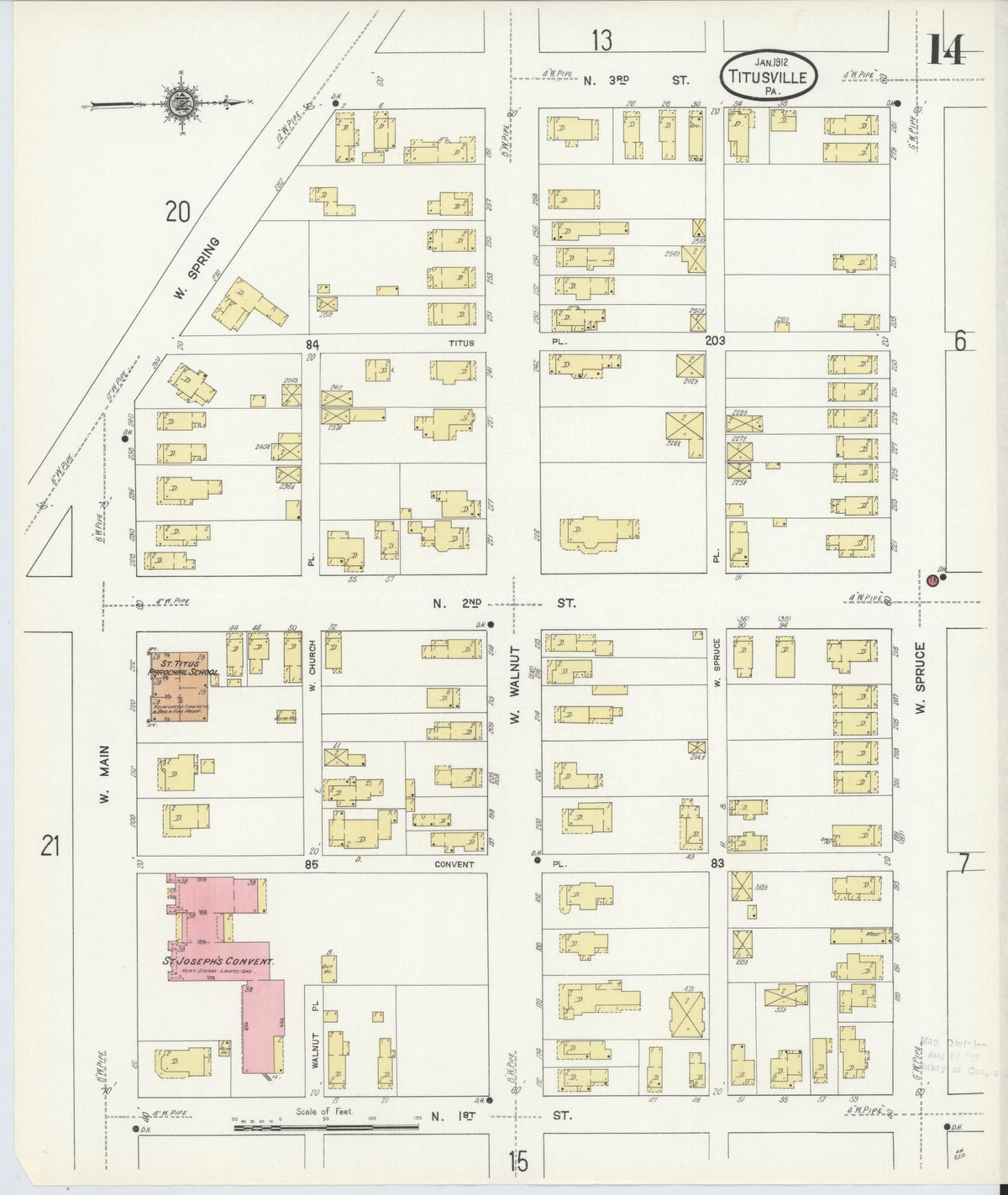 Sanborn Fire Insurance Map from Titusville, Crawford County, Pennsylvania (1912), Sheet #0014 - Historic Sanborn Fire Insurance Map Print, vintage old map wall art, antique decor, genealogy gift, Pennsylvania Pennsylvania map