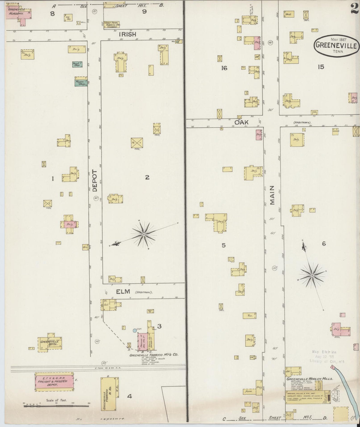 Sanborn Fire Insurance Map from Greeneville, Greene County, Tennessee (1887), Sheet #0002 - Historic Sanborn Fire Insurance Map Print, vintage old map wall art, antique decor, genealogy gift, Tennessee Tennessee map